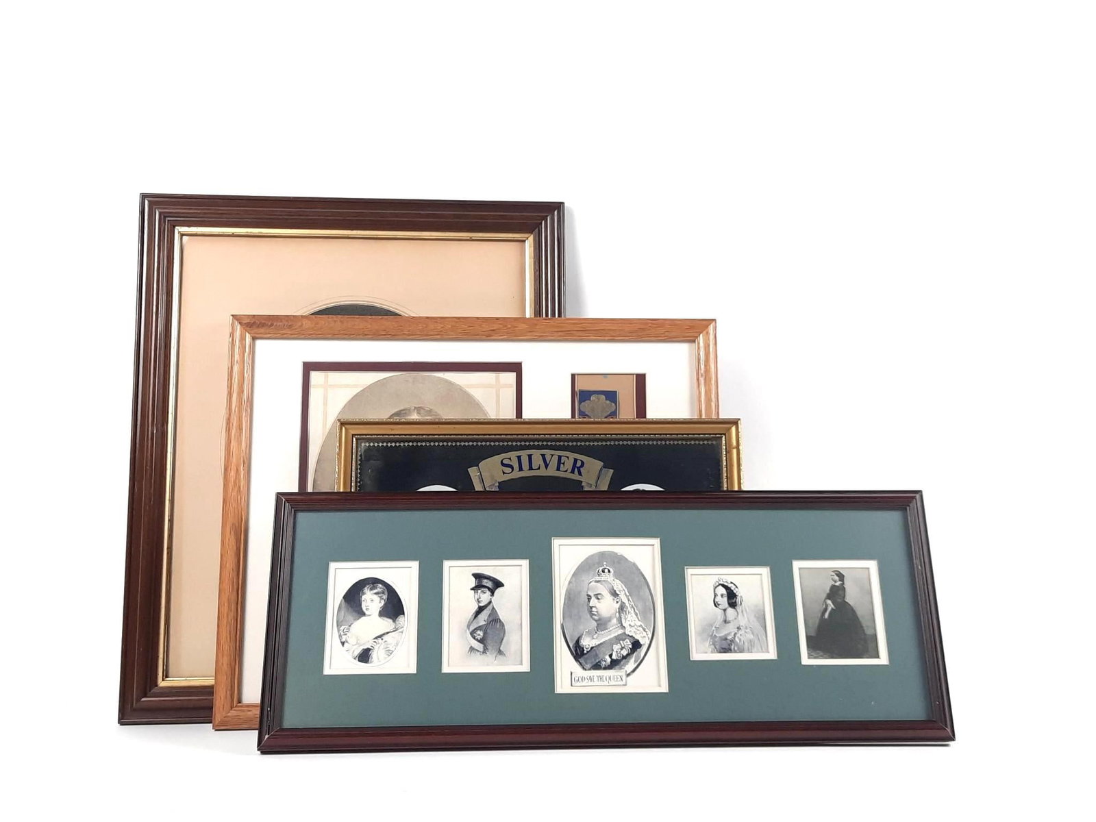 4 Royal Commemorative Prints, Ribbon and Mirror: NOT ELIGIBLE FOR IN-HOUSE SHIPPING. Sight: 3-1/4" to 13" high x 3" to 14" wide. Overall with frame: 10-1/4" to 23" high x 17-1/2" to 27-1/4" wide.