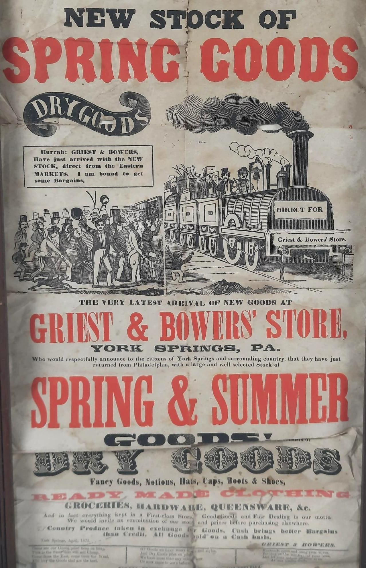 New Stock of Spring Goods Broadside in Antique Frame: NOT ELIGIBLE FOR IN-HOUSE SHIPPING. Sight: 23" high x 13-1/4" wide. Overall with frame: 35-1/2" high x 21-1/2" wide. Broadside with tears, looses, discoloration and folding to paper. Loose in frame.
