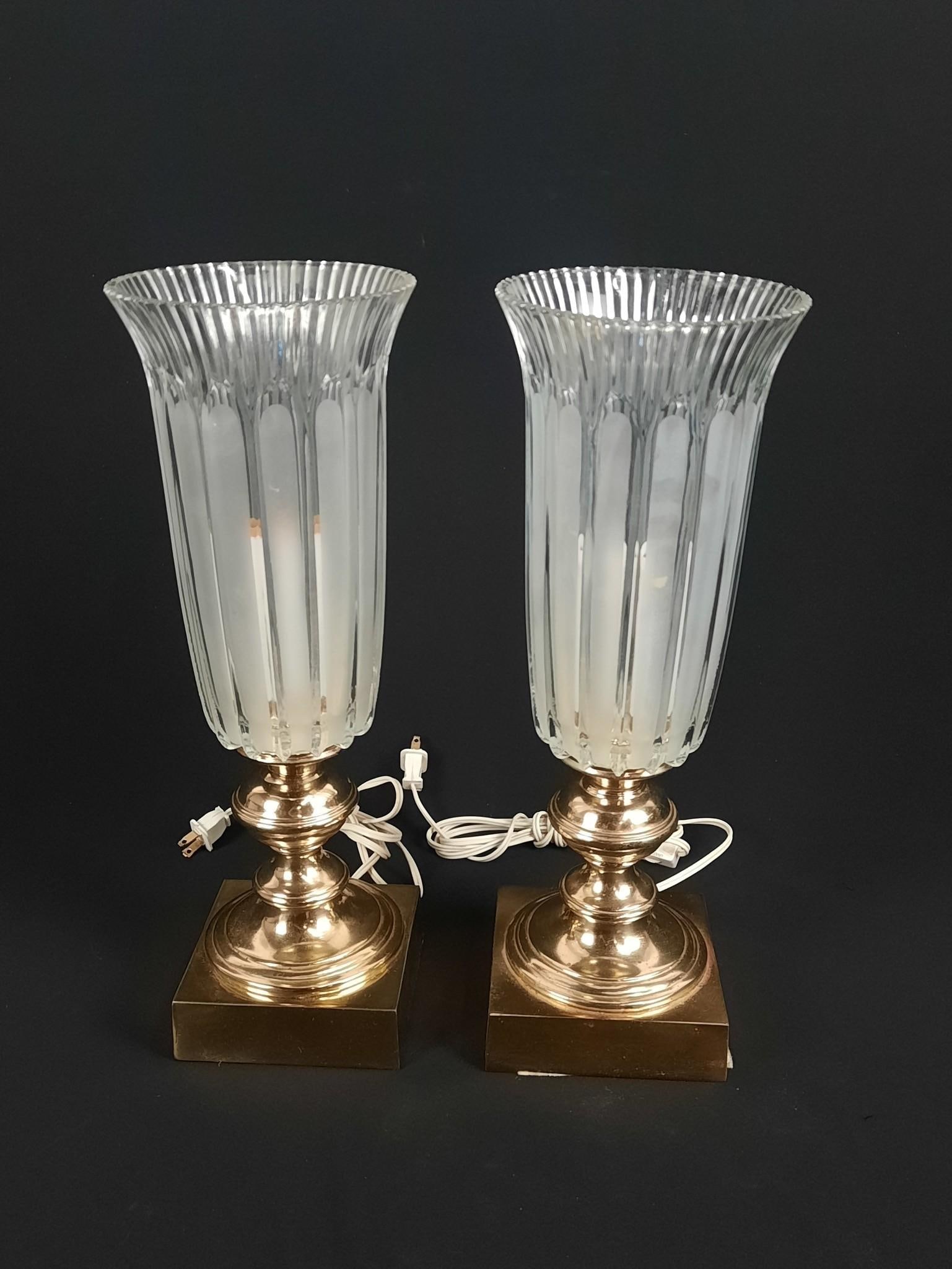 Pr. Brass and Glass Table Lamps: NOT ELIGIBLE FOR IN-HOUSE SHIPPING. Working. Each: 5" wide x 5" deep x 16-1/4" high. PROVENANCE: Sale of this item to benefit Historic Harrisburg Association.