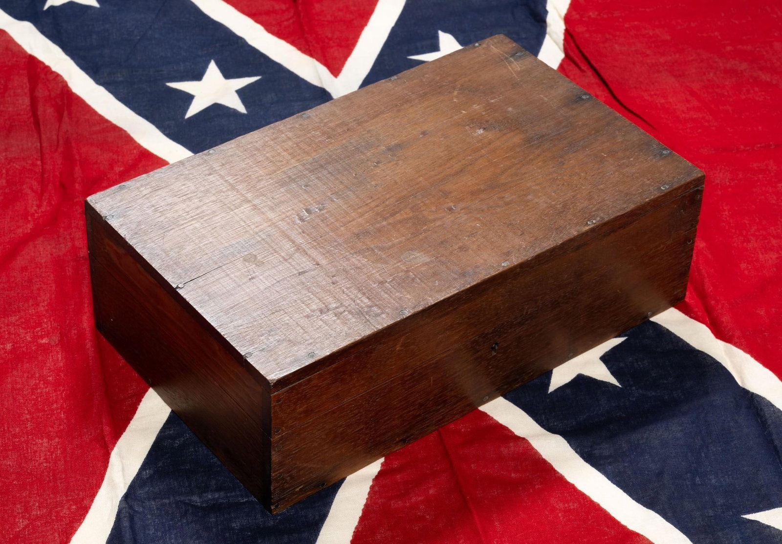Reproduction Civil War Flag with Wood Case: Case: 14-1/2" wide x 9" deep x 4-3/4" high. Flag: 60-1/2" wide x 35" high.