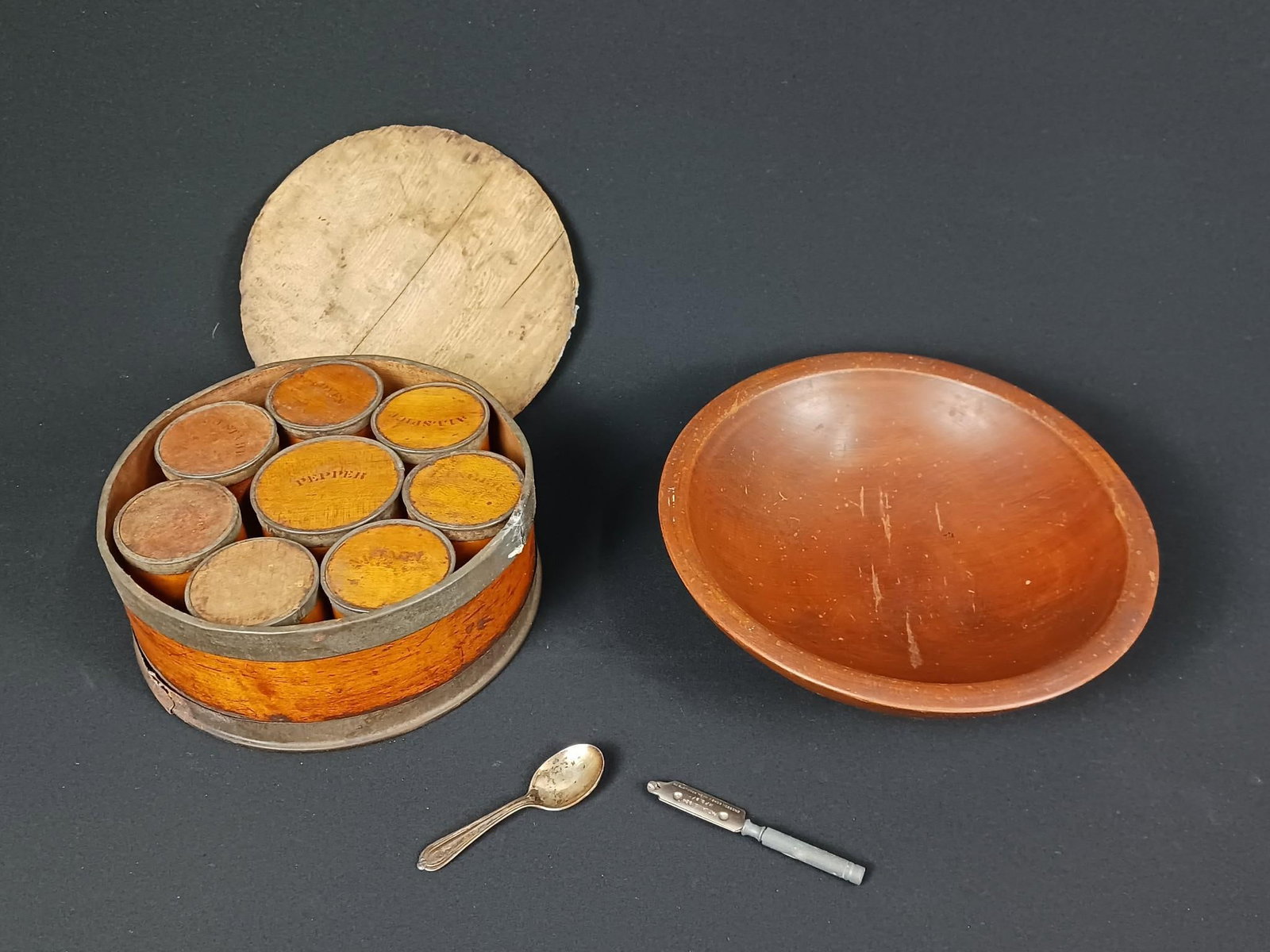 Munustno Wood Bowl and Antique Spice Set: 9" to 11" diameter. Also includes silver plate spoon.