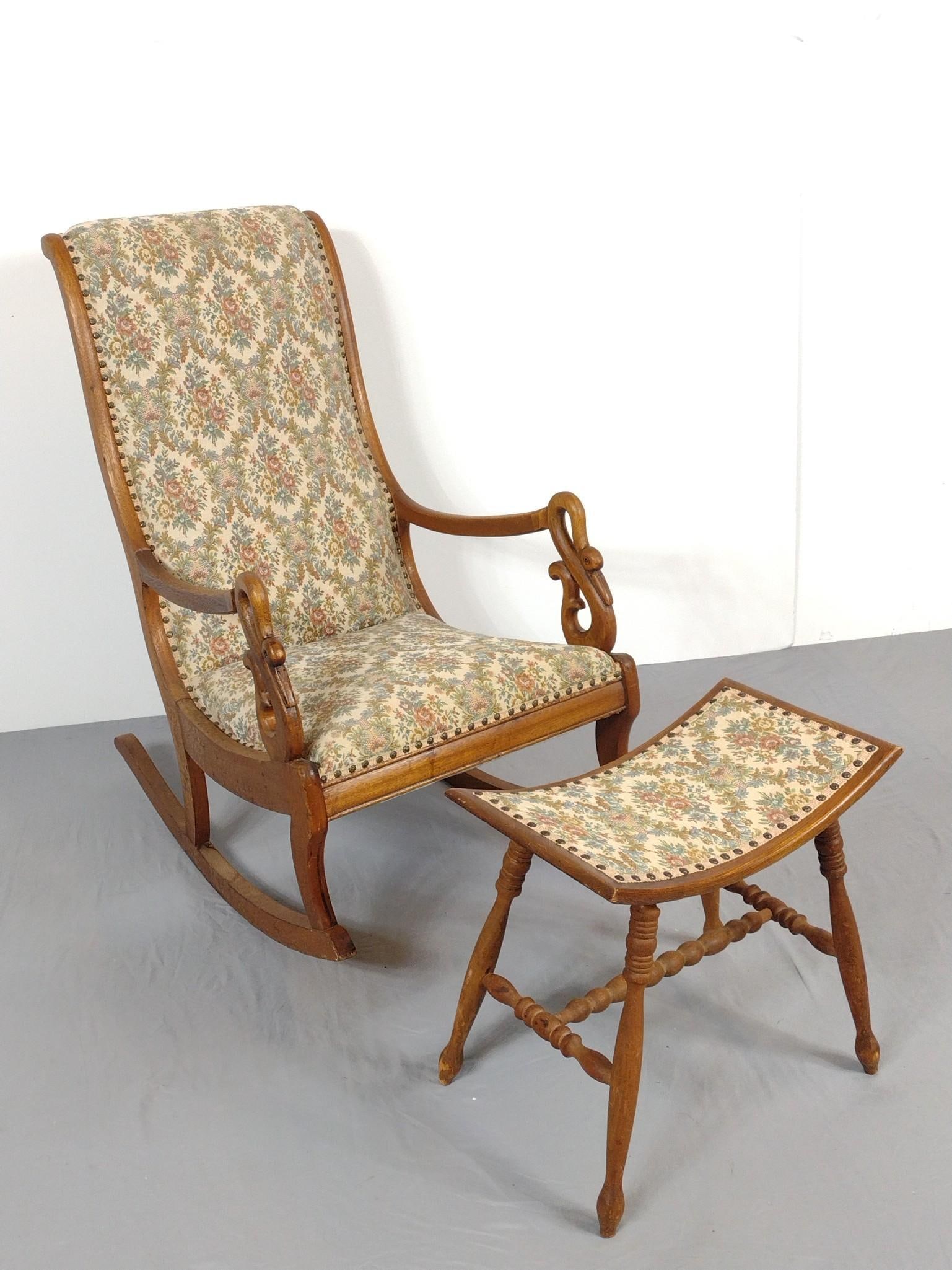Gooseneck Rocker With Ottoman: NOT ELIGIBLE FOR IN-HOUSE SHIPPING. Rocker 23" wide X 34-1/4" deep X 49" high. Ottoman 20" wide X 12" deep X 18" high. Both have some light wear.