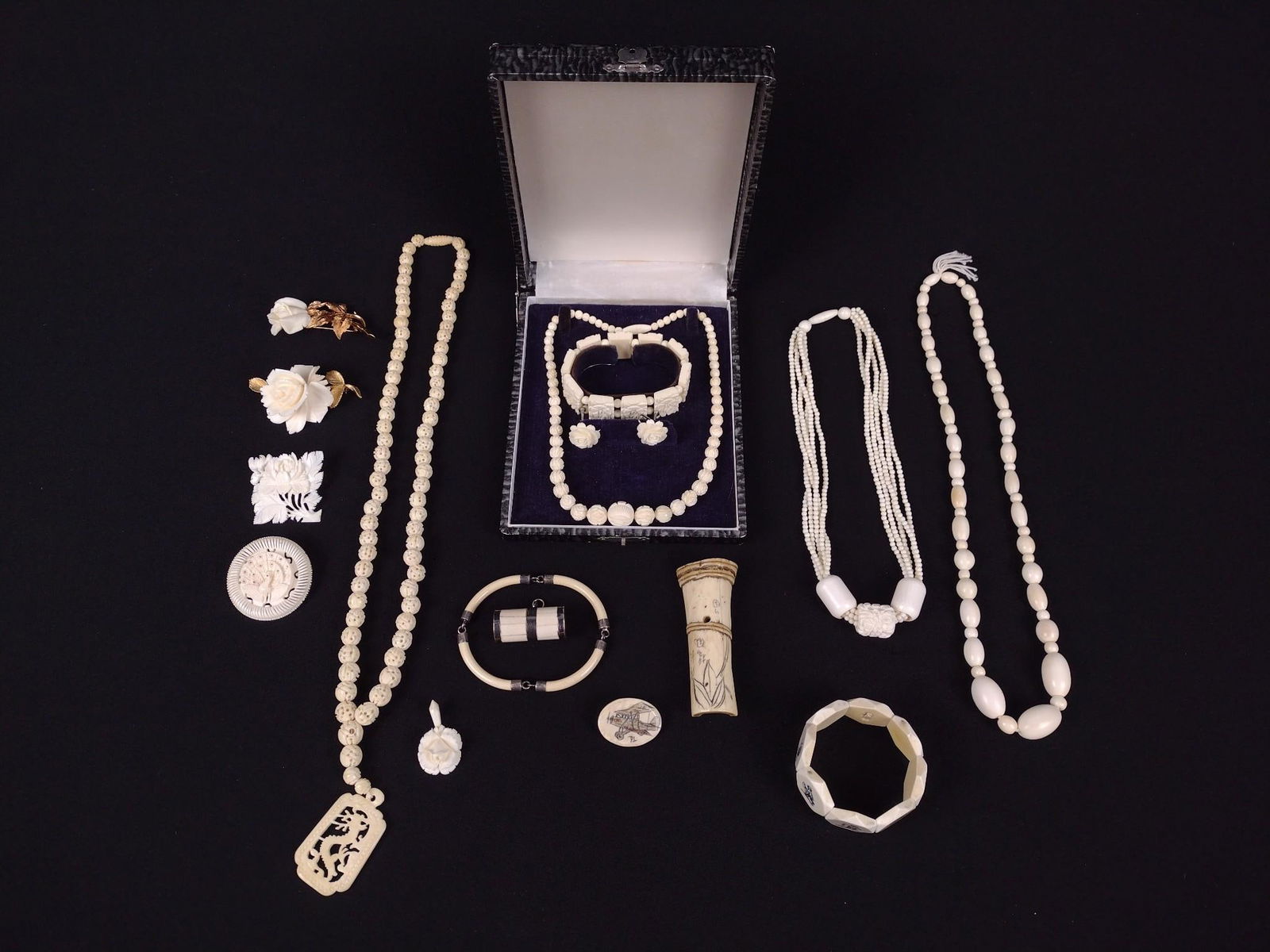 17 Pcs Carved Jewelry incl Bone: Includes necklaces, bracelets, pins, and earrings. Necklaces: 15-1/2" to 18-1/2" long hang.