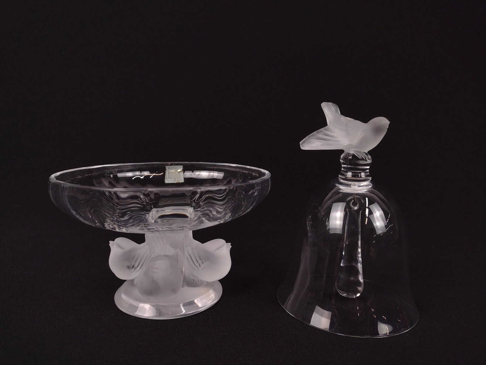 Lalique Bird Compote and Bell: 3-3/4" to 5-1/2" diameter x 3-1/2" to 5-1/2" high.