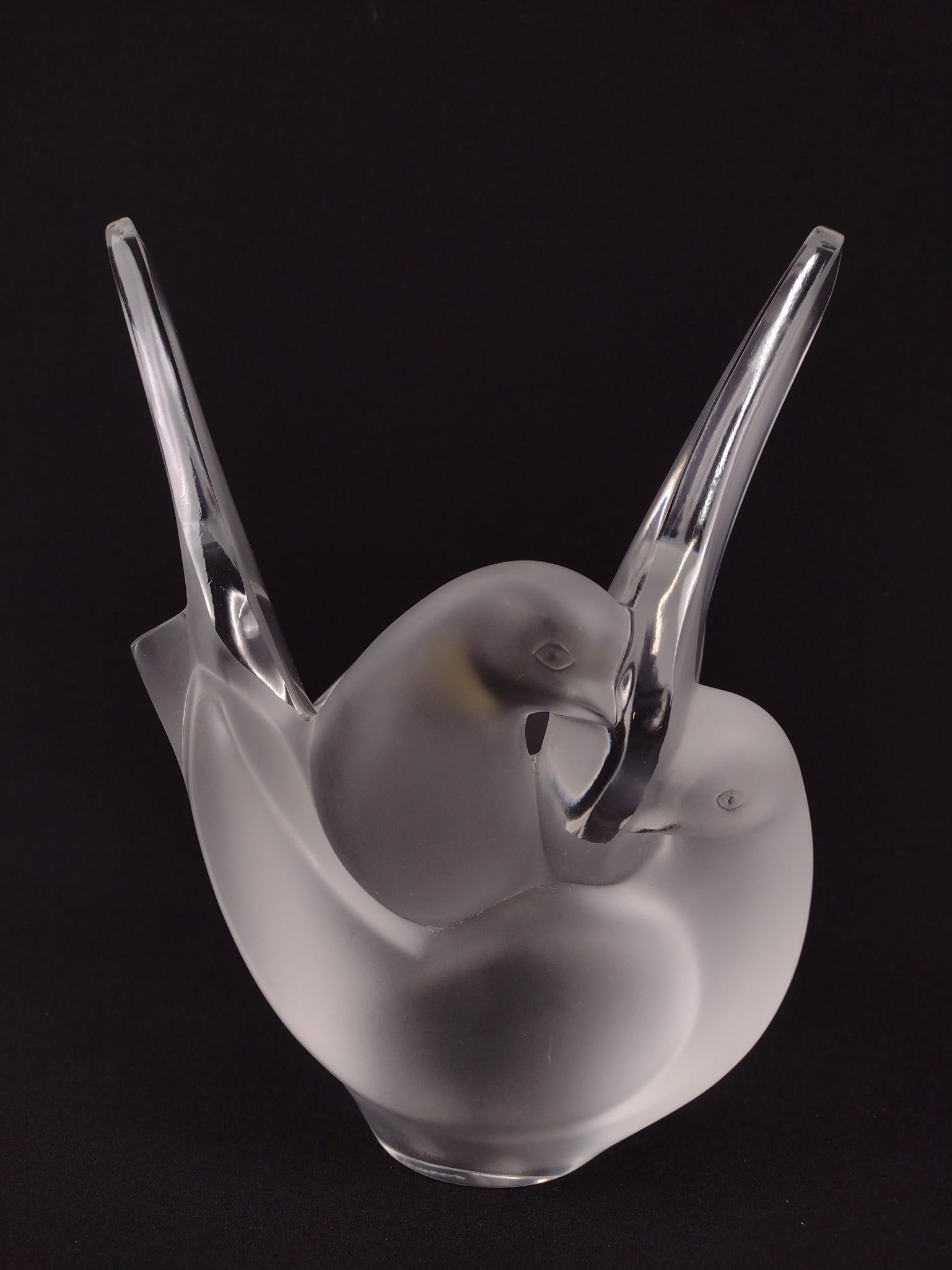 Lalique Bird Vase: Flower frog insert not included. 7" wide x 4-1/2" deep x 8-1/2" high.