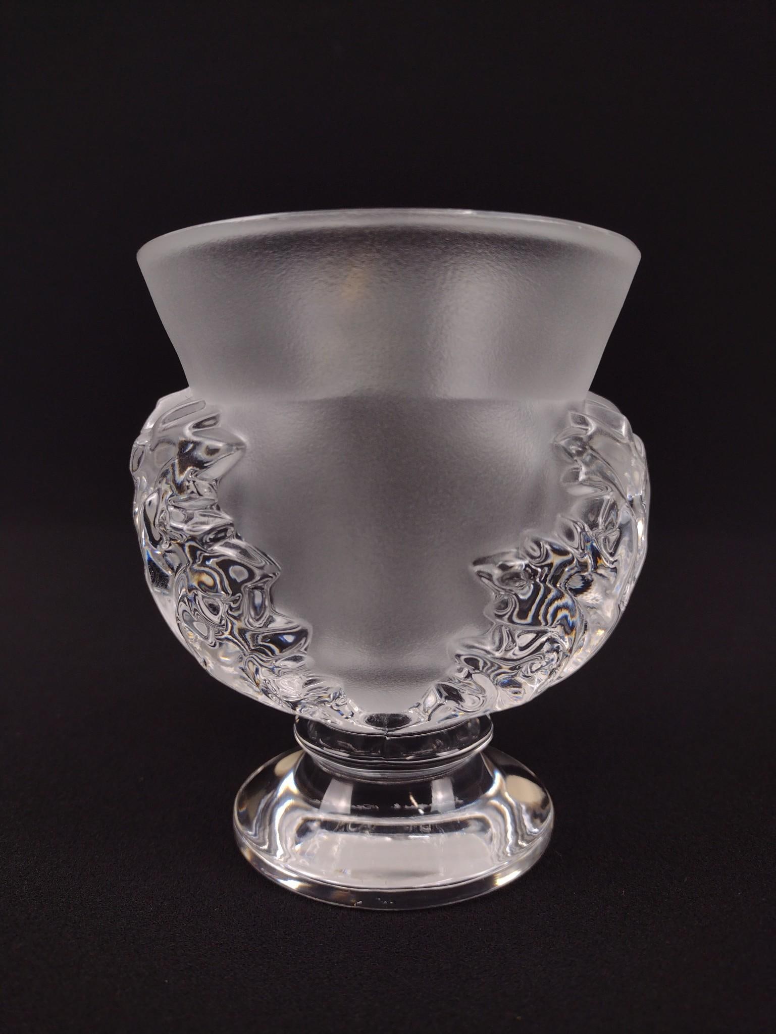 Lalique Leaf Motif Vase: 4-1/4" wide x 3-3/4" deep x 4-1/2" high.