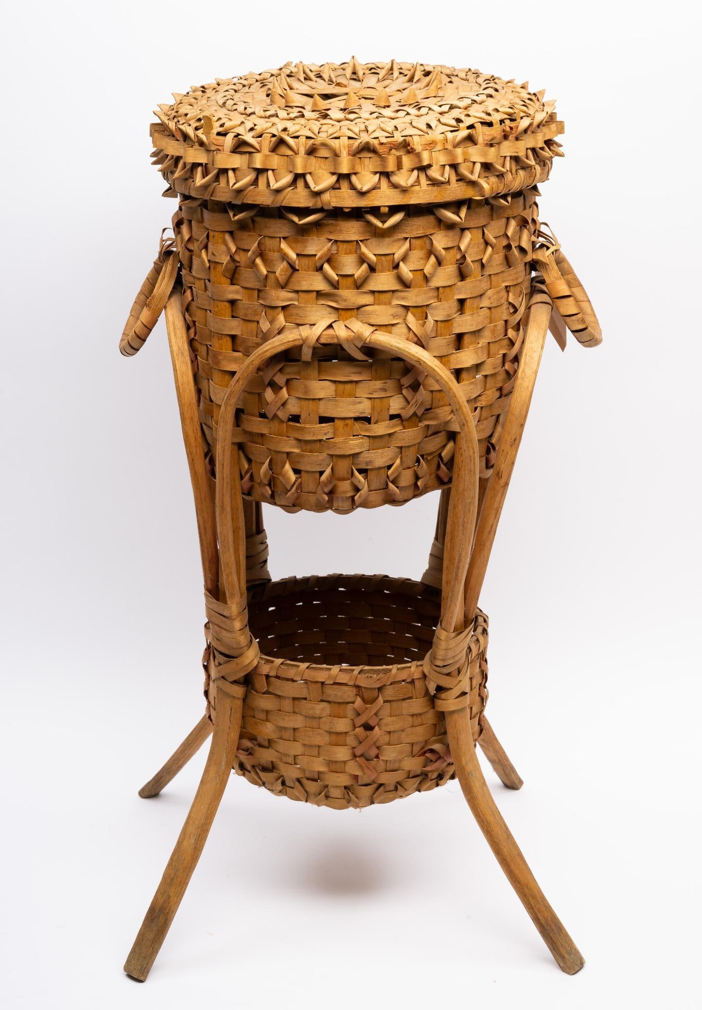 Late Victorian Huron Sewing Basket: NOT ELIGIBLE FOR IN-HOUSE SHIPPING. The majority of these standing splint sewing baskets were produced in the late 19th and early 20th centuries for trade in French Canada. Believed to be Huron or pos