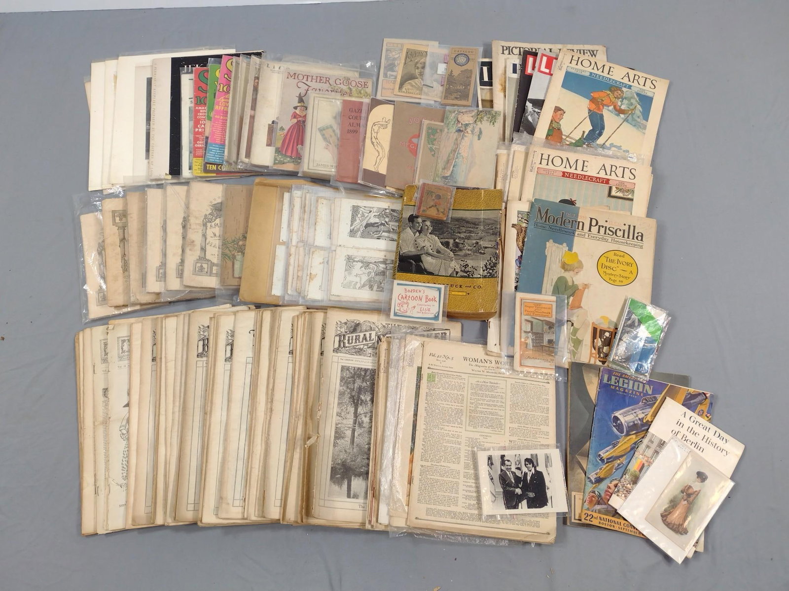 Large Grouping Vintage Publications incl Advertising: Also includes book plate prints, magazines and more. Most in plastic protector sleeves. Some wear consistent with age and use.