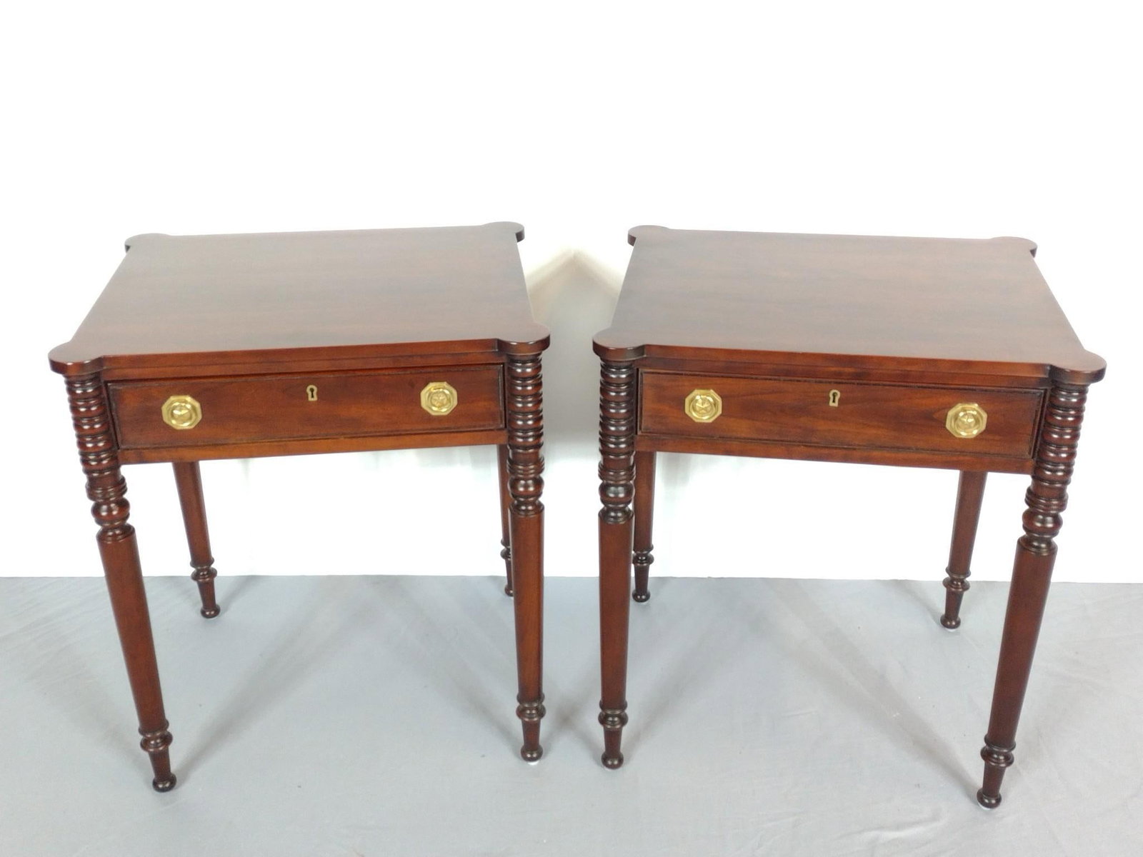 Pair Of Statton Single Drawer End Tables: NOT ELIGIBLE FOR IN-HOUSE SHIPPING. Each 22" wide X 18" deep X 25-1/4" high. PROVENANCE: Sale of this item to benefit Historic Harrisburg Association.