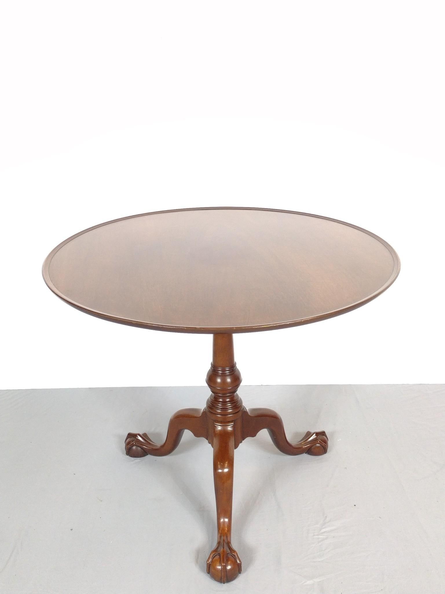 Stickley Williamsburg Restoration Tilt Top Table: NOT ELIGIBLE FOR IN-HOUSE SHIPPING. 34-3/4" diameter X 29" high. Has a few light scratches. PROVENANCE: Sale of this item to benefit Historic Harrisburg Association.