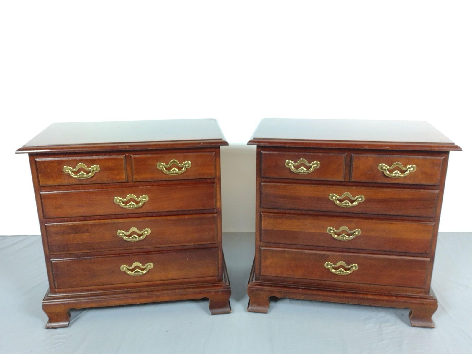 Pair Of Thomasville Night Stands: NOT ELIGIBLE FOR IN-HOUSE SHIPPING. Each 24" wide X 14" deep X 24-1/2" high. Both have some light scratches. PROVENANCE: Sale of this item to benefit Historic Harrisburg Association.