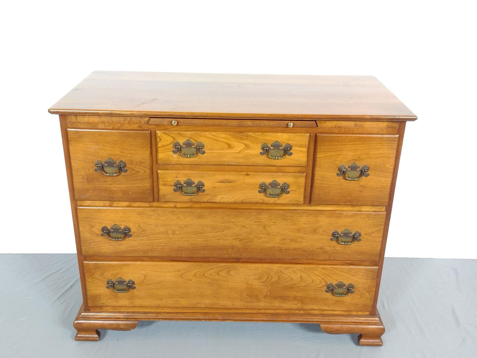 Stickley Chest: NOT ELIGIBLE FOR IN-HOUSE SHIPPING. 38" wide X 18" deep X 30-1/2" high. Top has some scratches. PROVENANCE: Sale of this item to benefit Historic Harrisburg Association.