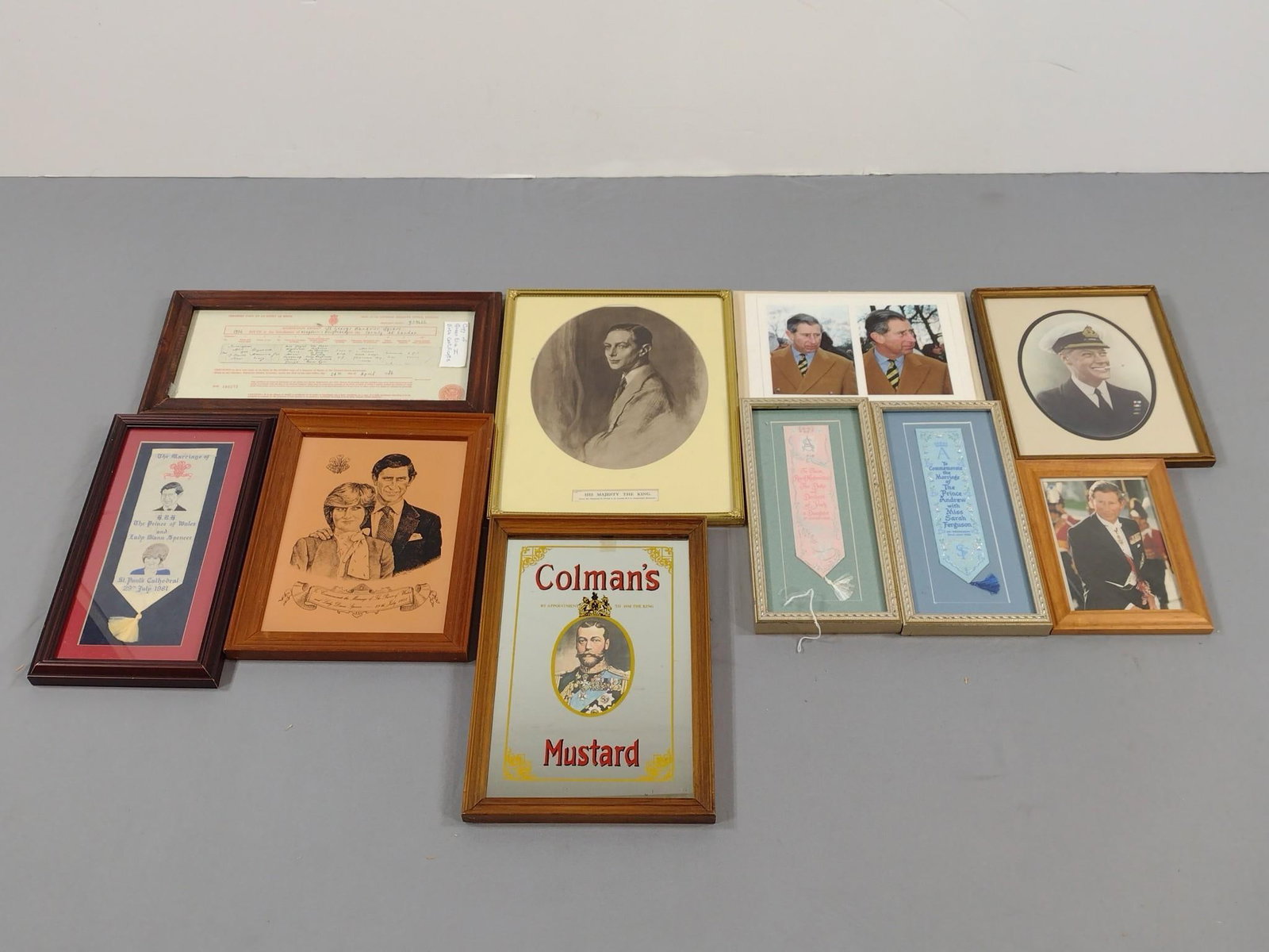 10 Framed Royal Commemoratives incl Ribbons: Overall with frames: 8-1/2" to 14-1/4" high x 5-3/4" to 16" wide. Also includes prints and copy of birth certificate.