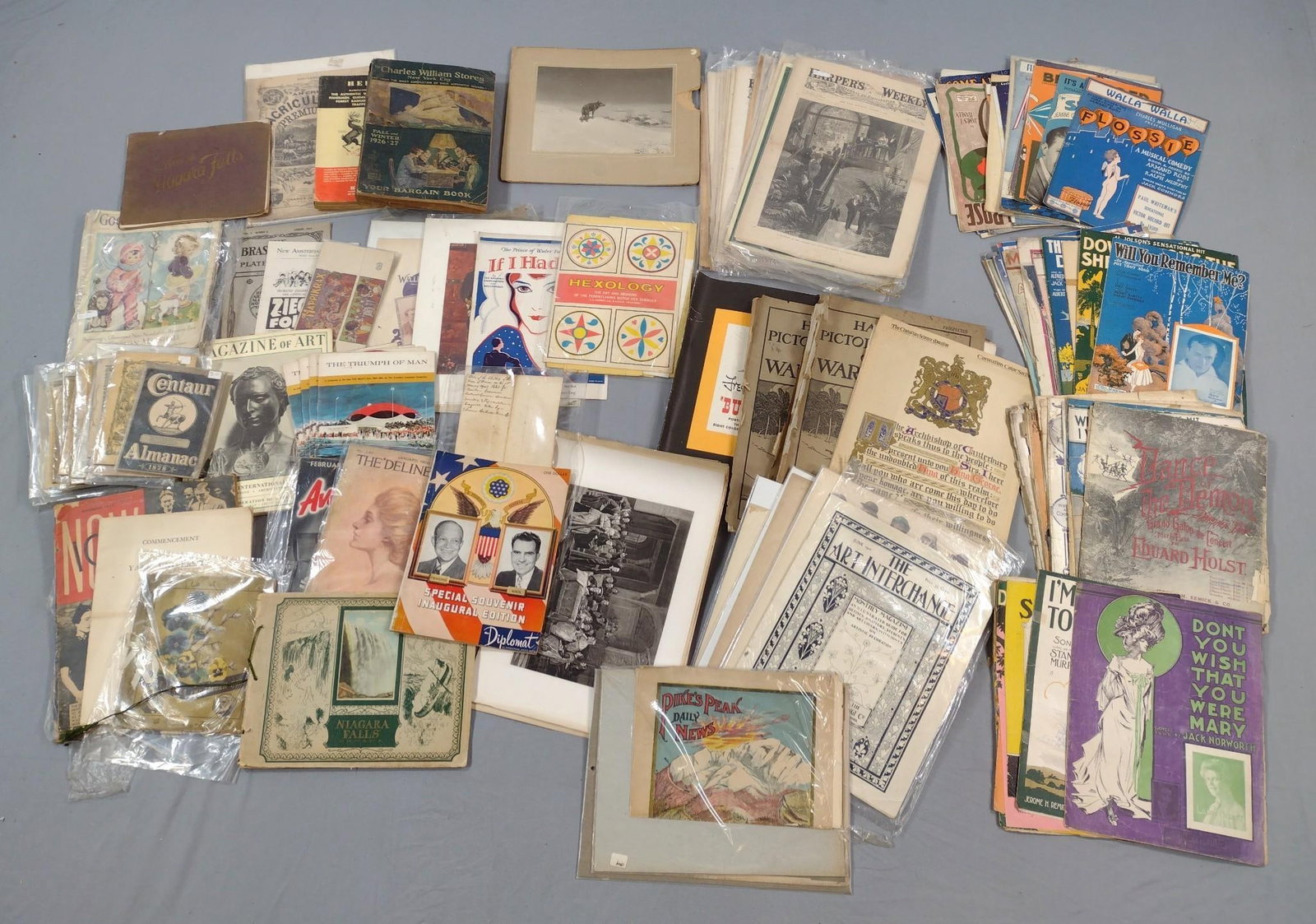 Large Grouping Ephemera incl Farmers Almanac: Also includes newspapers, catalogs and more. Most in plastic protector sleeves. Some wear consistent with age and use.