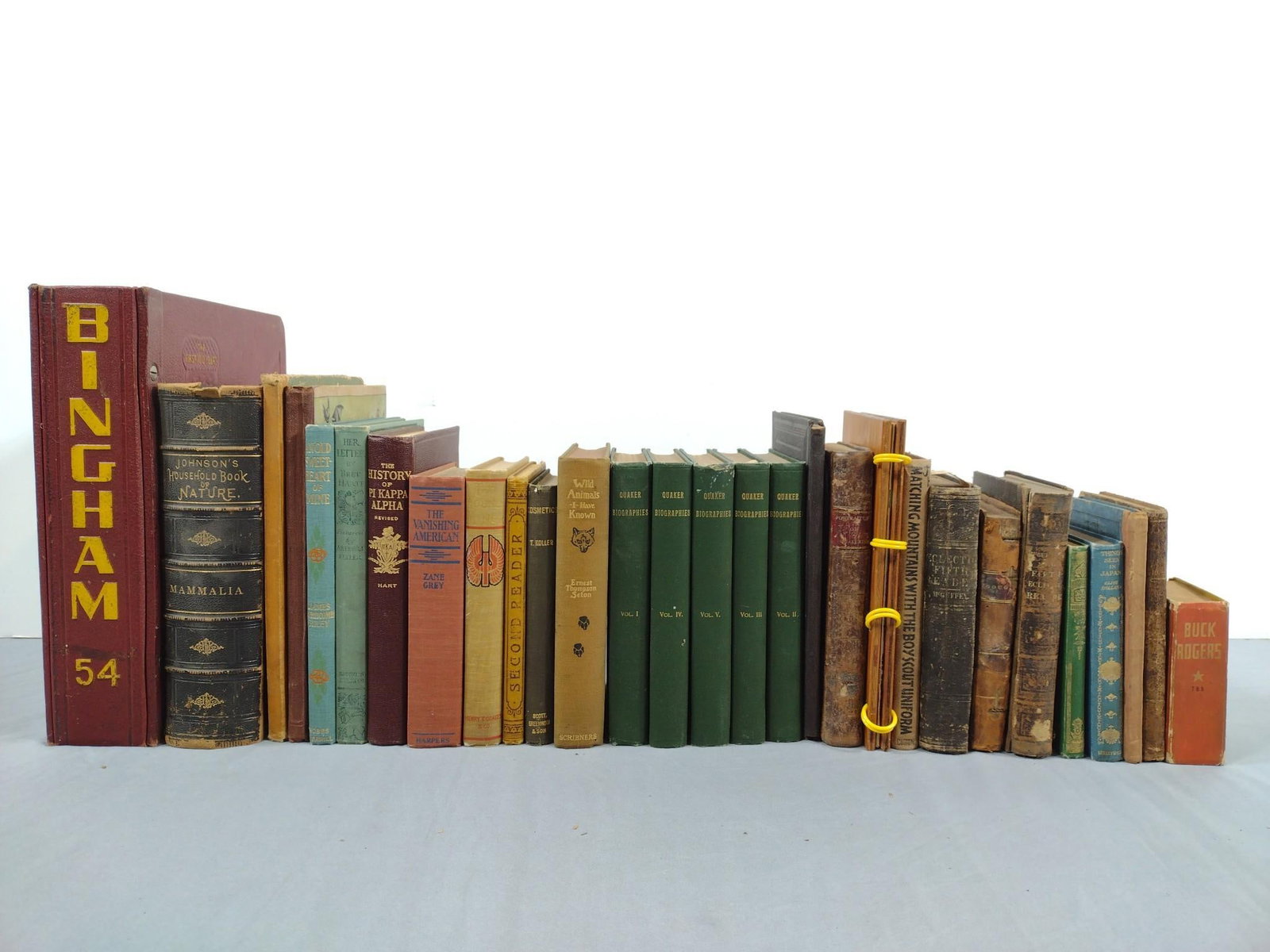 Grouping Books incl The Death of Daniel Webster: Includes Obituary Addresses of The Occasion of the Death of Hon. Daniel Webster, Things Seen in Japan, Quaker Biographies, Fighting the Whales, Fine Old Dixie Recipes, and more. Some wear consistent w