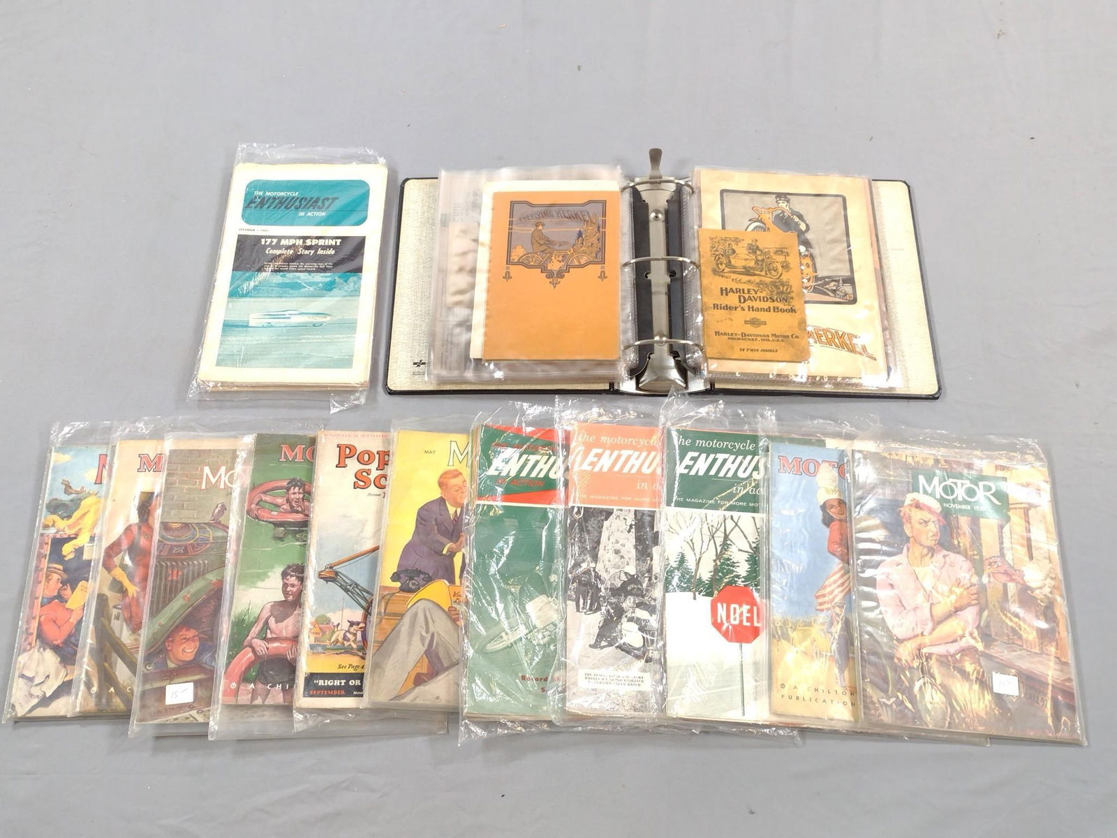 Grouping Vintage Automotive / Motorcycle Ephemra: Includes Harley Davidson, Motor Age, The Motorcycle Enthusiast, and more.