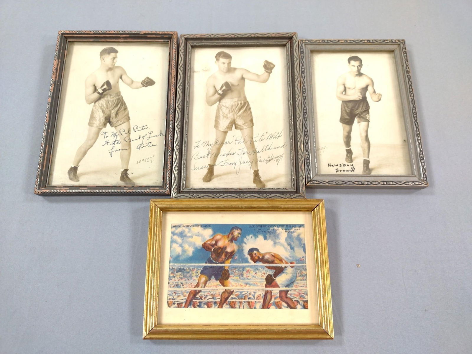 3 Boxing Autographs and Jack Demsey incl Newsboy Brown: Overall with frames: 4-3/4" to 7-3/4" high x 4-3/4" to 6-1/2" wide. Some wear to frames.
