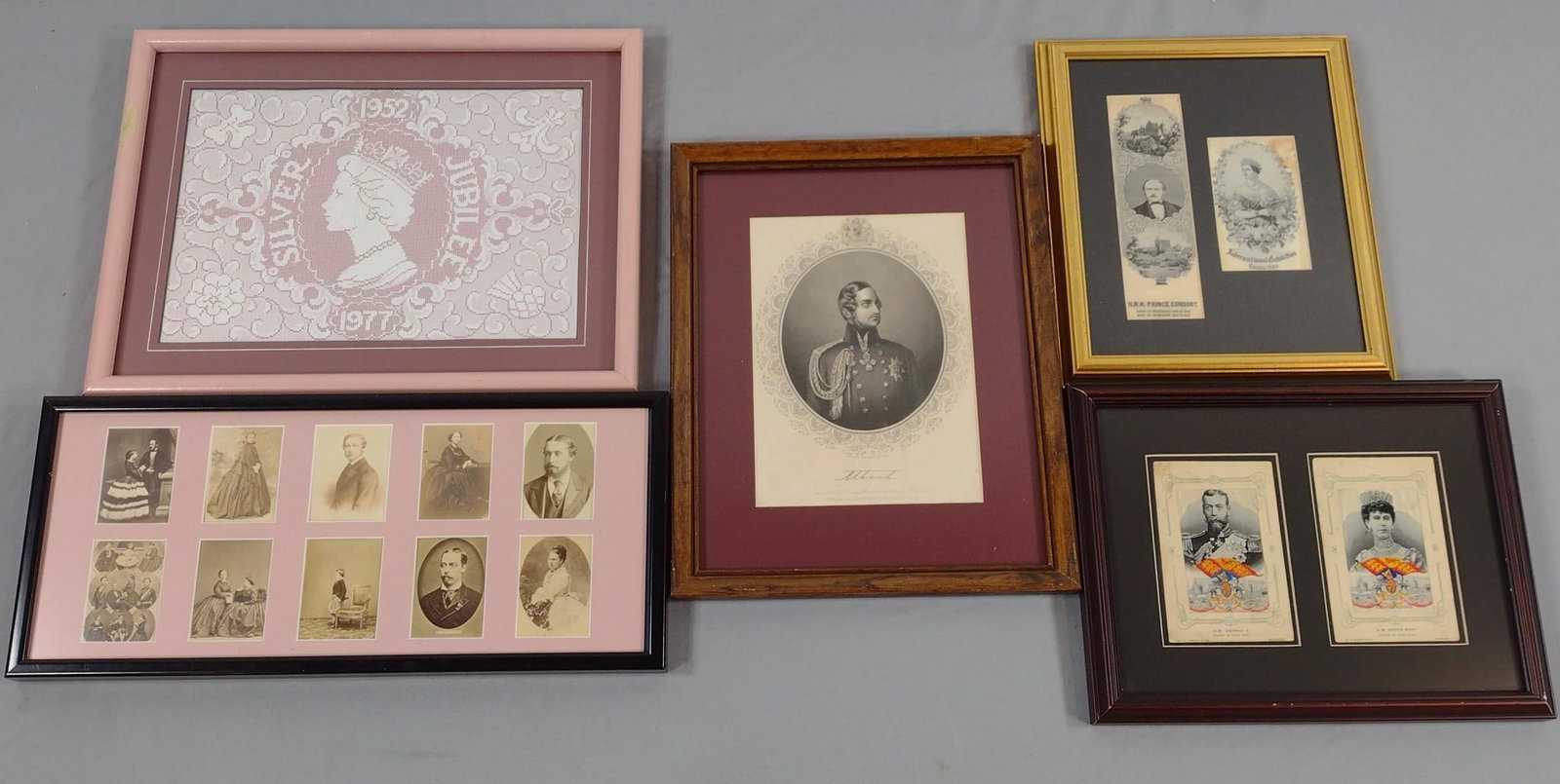 5 Royal Framed Commemoratives incl Prints on Silk: Overall with frames: 8-1/2" to 15-1/4" high x 10" to 19" wide. Some discoloration.