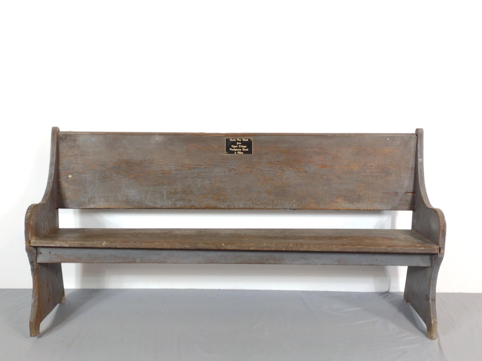 Church Pew From Blair County, PA: NOT ELIGIBLE FOR IN-HOUSE SHIPPING. 73-1/2" wide X 17-1/2" deep X 36" high. Has some paint loss and discoloring.