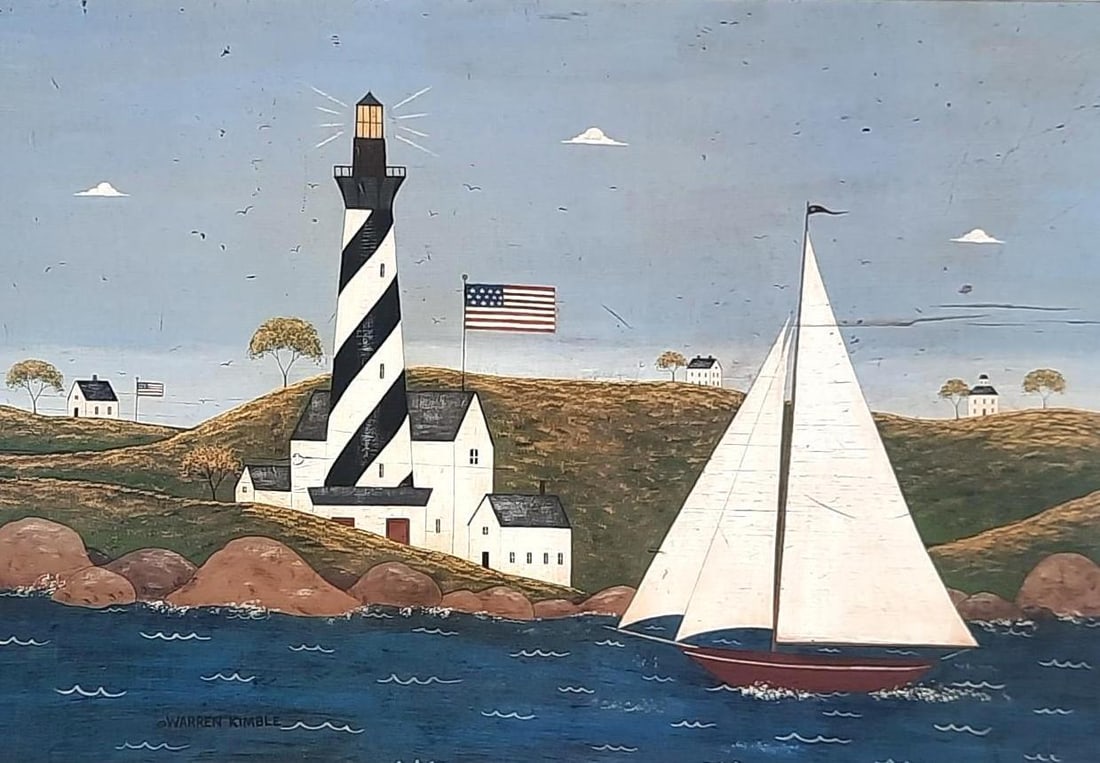 Warren Kimble Lighthouse Print: NOT ELIGIBLE FOR IN-HOUSE SHIPPING. Sight 25-1/2" high x 34-1/2" wide. Overall 28-3/4" high x 37-1/2" wide. Wear to frame.