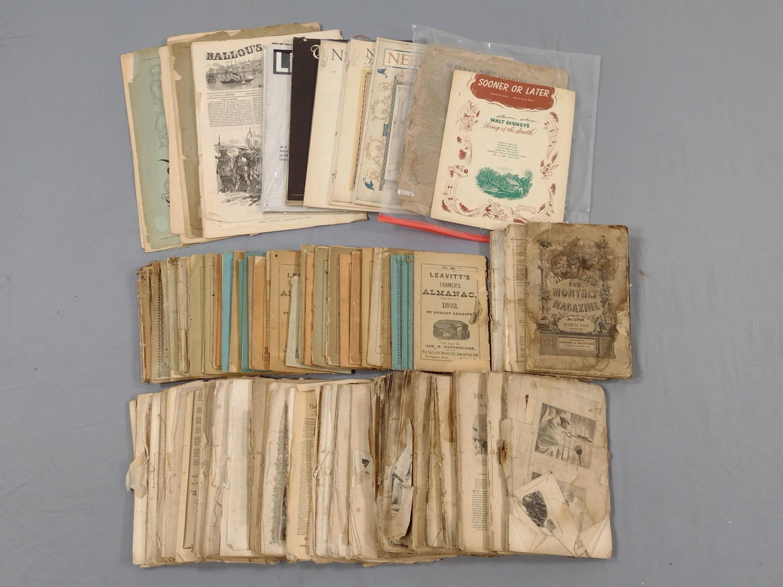 Large Grouping Booklets and Magazines incl Walt Disney: Includes Walt Disney's The Song of the South sheet music. Also includes Harpers Weekly, Ballou's Pictorial, Farmers Almanac, and more. All with wear consistent with age and use.