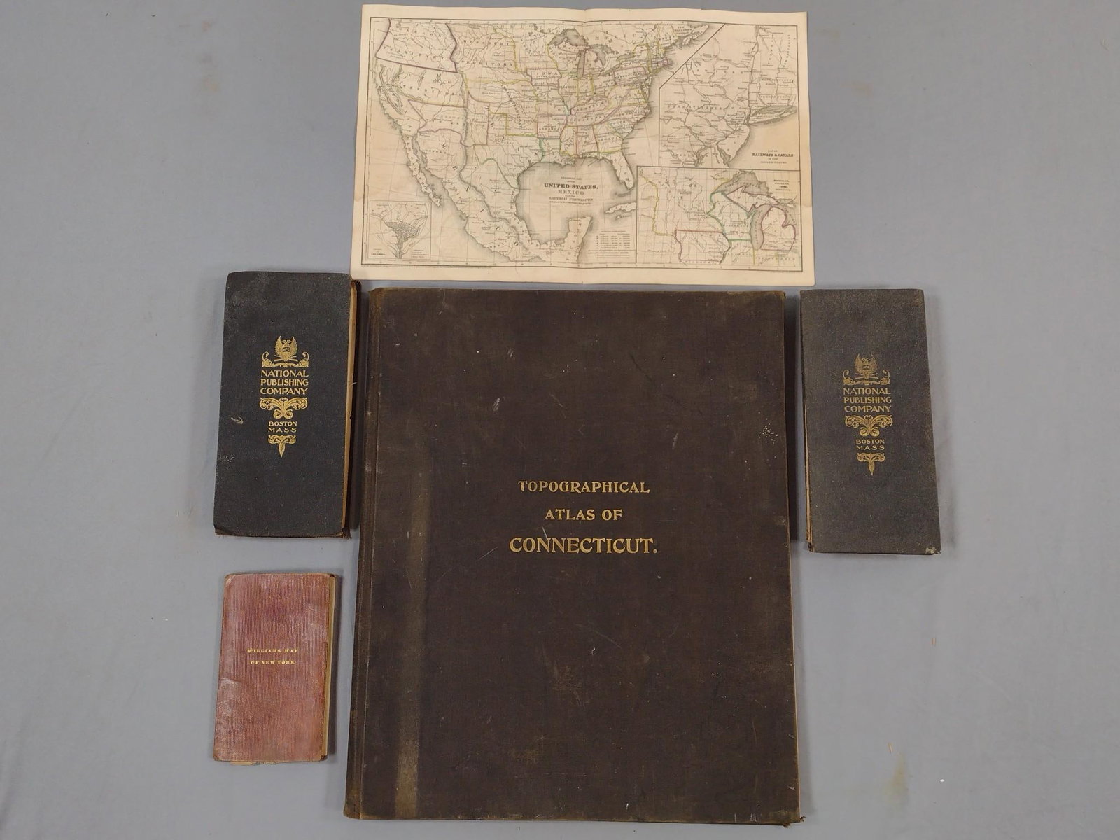 5 Antique Maps incl New York and Boston Mass: Also includes Mexico, Connecticut. Some Tears and losses.