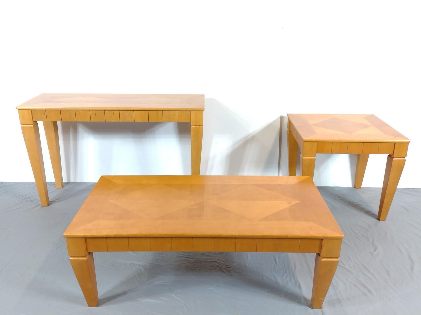 3 Pc Living Room Table Set: NOT ELIGIBLE FOR IN-HOUSE SHIPPING. Coffee Table 48" wide X 25-1/2" deep X 17" high. Sofa Table 48" wide X 18" deep X 29" high. End Table 25-1/2" wide X 25-1/2" deep X 23" high. No manufactures name f