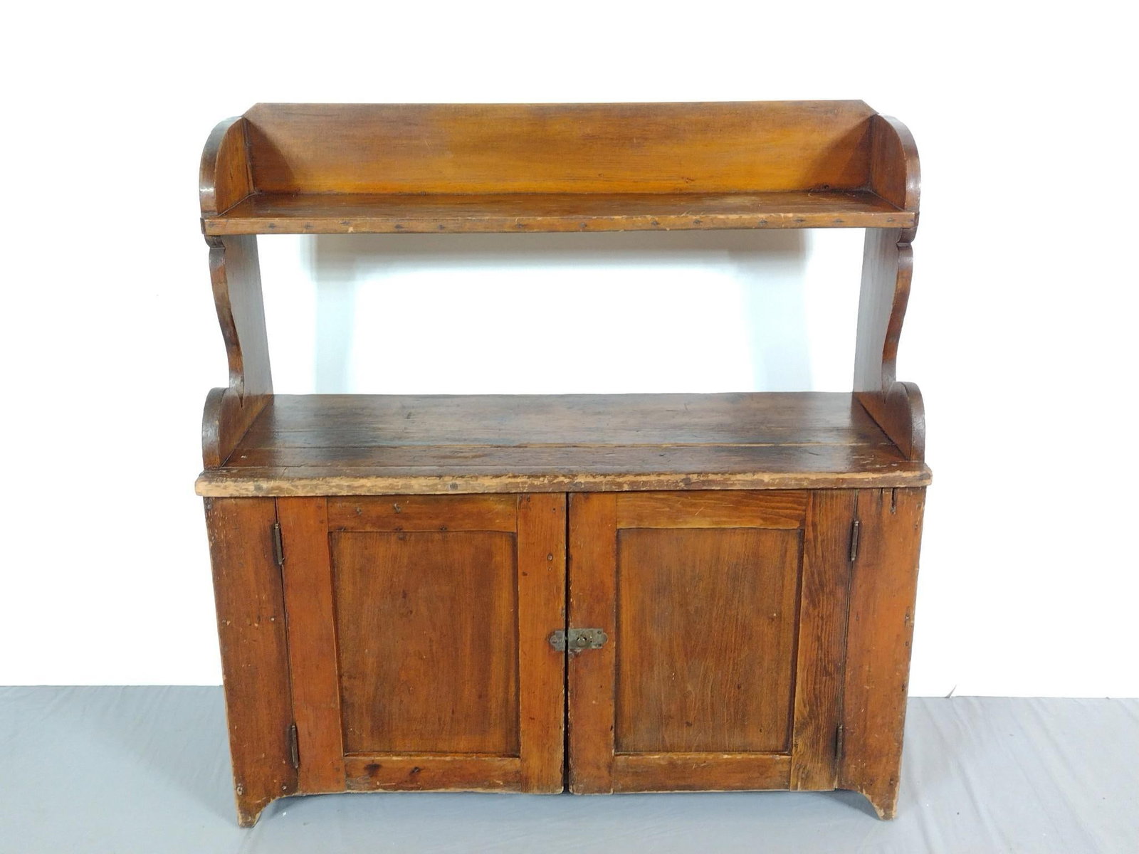 Antique Bucket Bench Cabinet: NOT ELIGIBLE FOR IN-HOUSE SHIPPING. 42-1/2" wide X 16" deep X 44-1/2" high. Has some scratches and finish loss.
