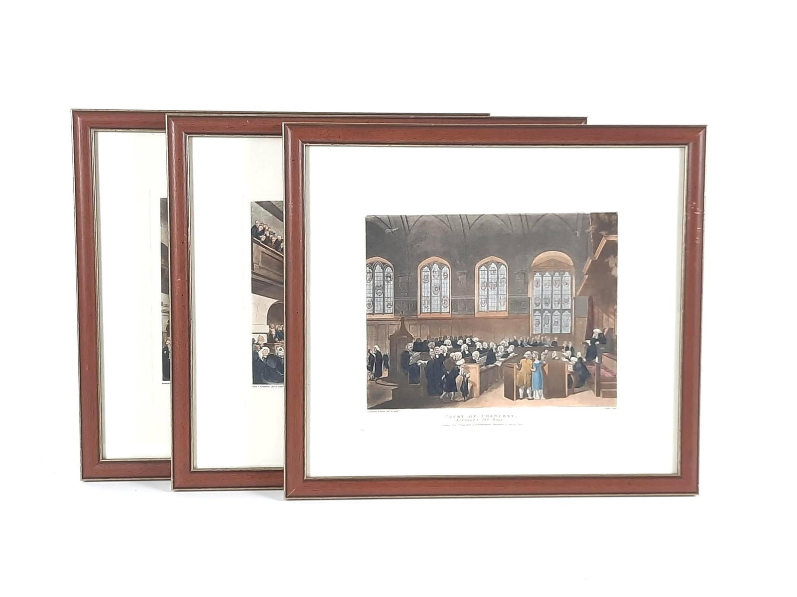 3 English Court Prints: NOT ELIGIBLE FOR IN-HOUSE SHIPPING. Includes Court of Chancery (Lincoln's Inn Hall); Court of Common Pleas (Westminster Hall); and Court of Kings Bench (Westminster Hall). Sight 13-1/4" high x 14-3/4"
