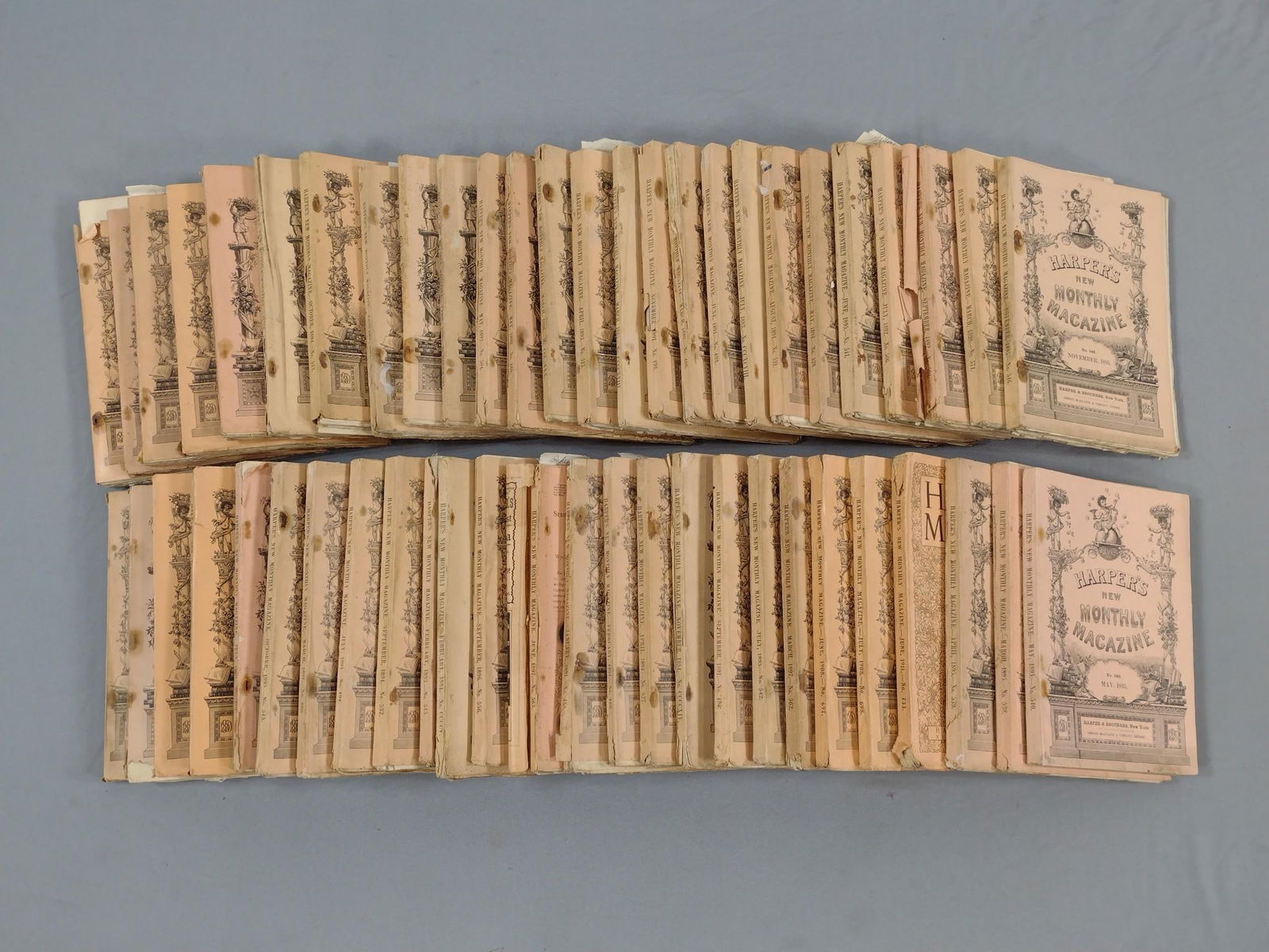 Large Grouping of Harper's New Monthly Magazine: Harper and Brothers publishers. New York and London. Some tears, losses and separations at bindings.