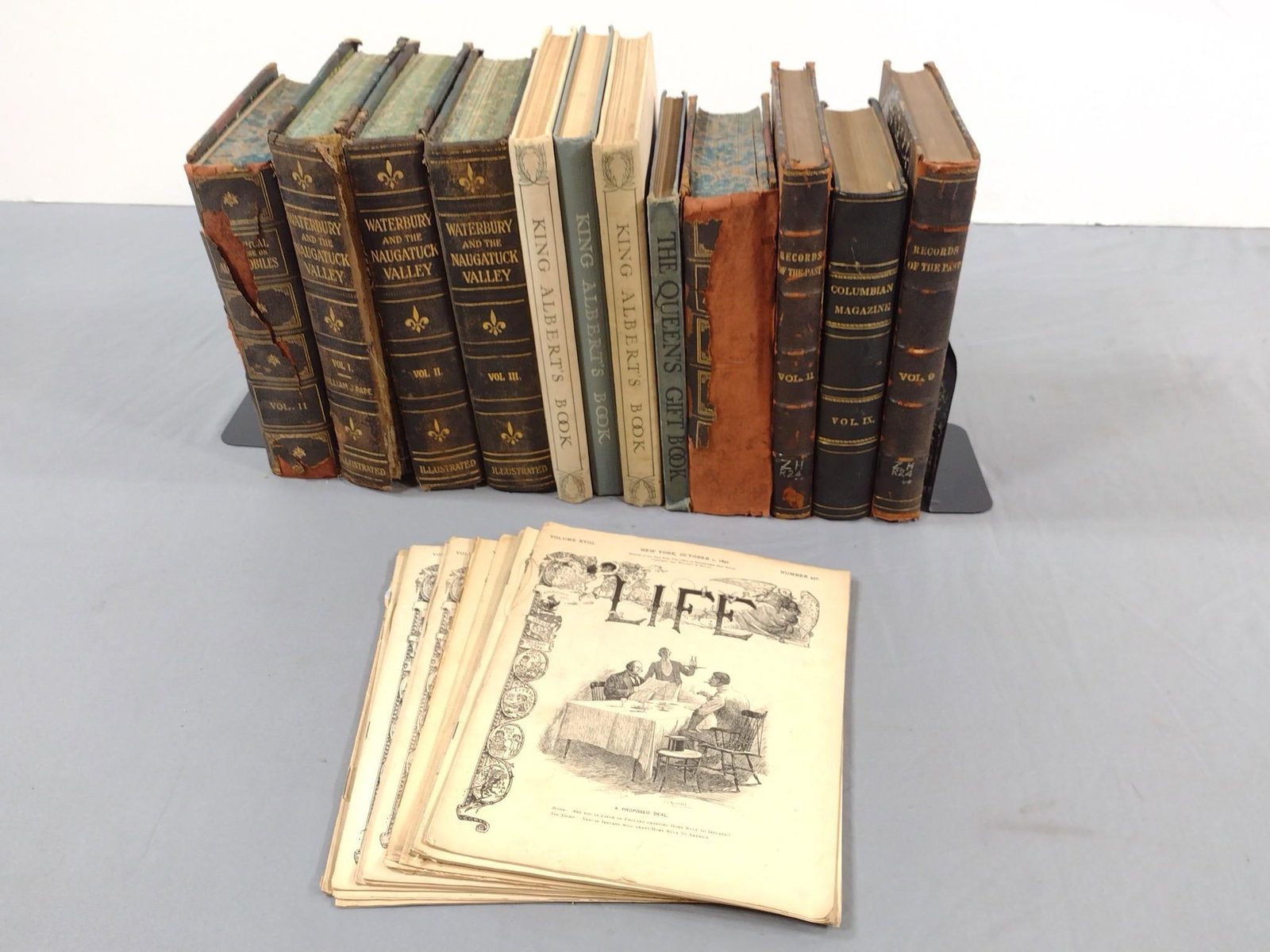 25 Publications incl King Albert's Book and Columbia Magazine: Also includes Waterbury and the Naugatuck Valley, Records of the Past, Life-New York, and more. Some tears, losses and discoloration.