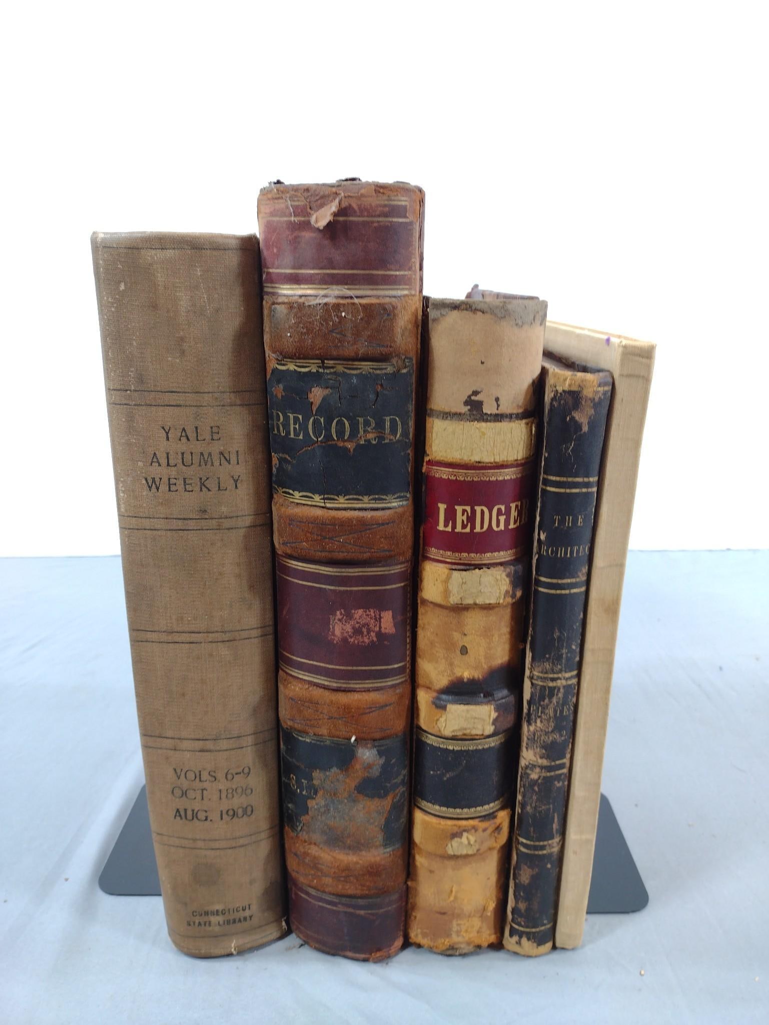 5 Books incl Yale Alumni Weekly 1896-1900: Also includes Moods and Moments, Ledgers and Interior of Great Central Entrance of New Corn Ecchange, Sheffield. All with some losses, discoloration and wear.