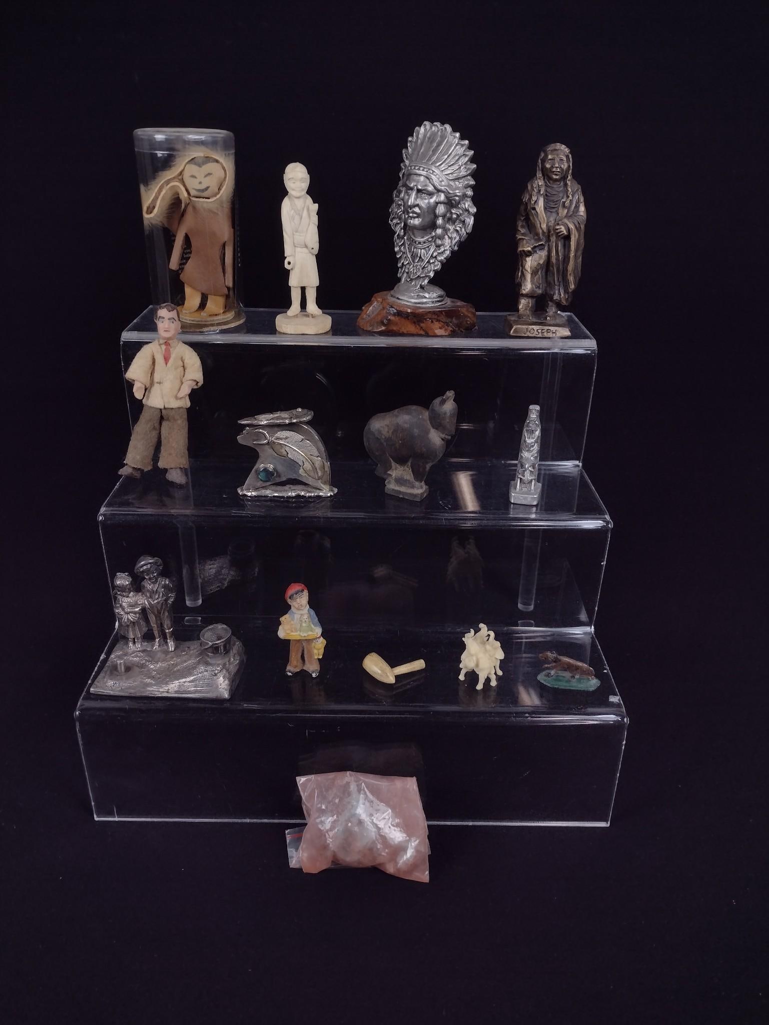 12 Decorative Figurines & Turquoise Stone: 1-1/4" to 3-1/4" wide x 1-1/2" to 4-3/4" high. Jeff Jackson Sterling animal figurine: 2.22 ozt total weight.