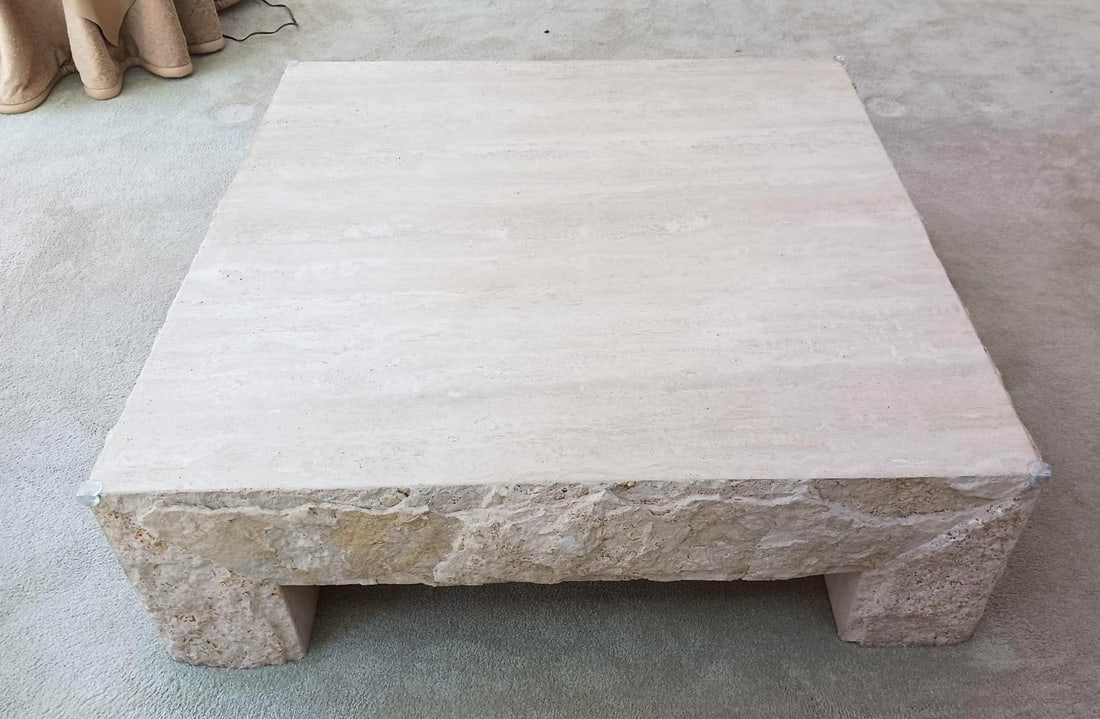 Heavy Stone Coffee Table: This lot is being sold from location in Camp Hill, PA. Pick up by appointment only. NOT ELIGIBLE FOR IN-HOUSE SHIPPING. 49" wide x 49" deep x 16" high.