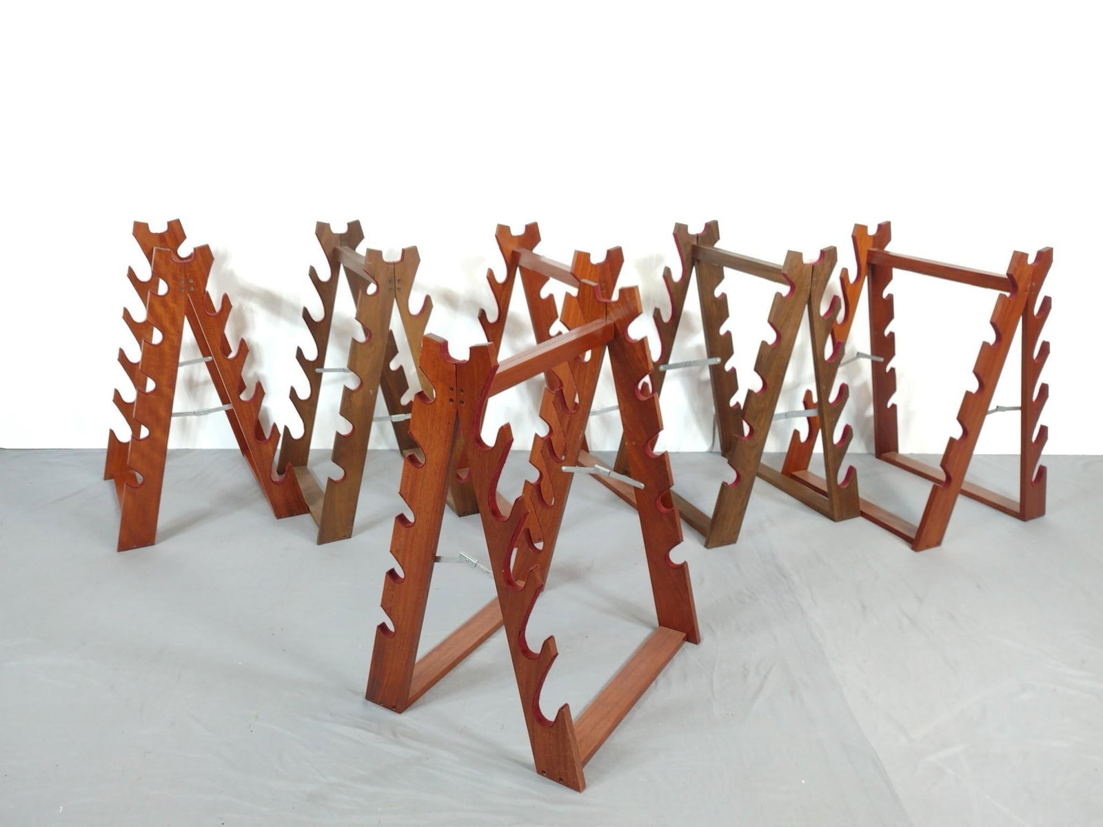 4 Cherry & 2 Walnut Long Gun Display Racks: NOT ELIGIBLE FOR IN-HOUSE SHIPPING. Each 21-1/2" wide X 21-1/2" deep X 31" high.
