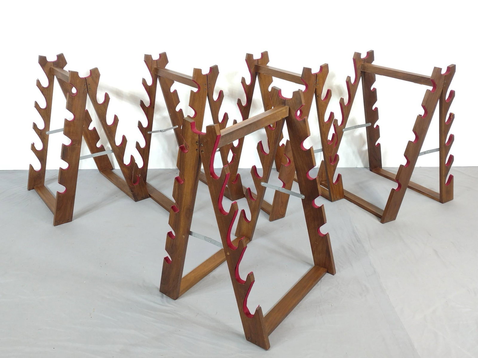 5 Walnut Long Gun Display Racks: NOT ELIGIBLE FOR IN-HOUSE SHIPPING. Each 21-1/2" wide X 21-1/2" deep X 31" high.