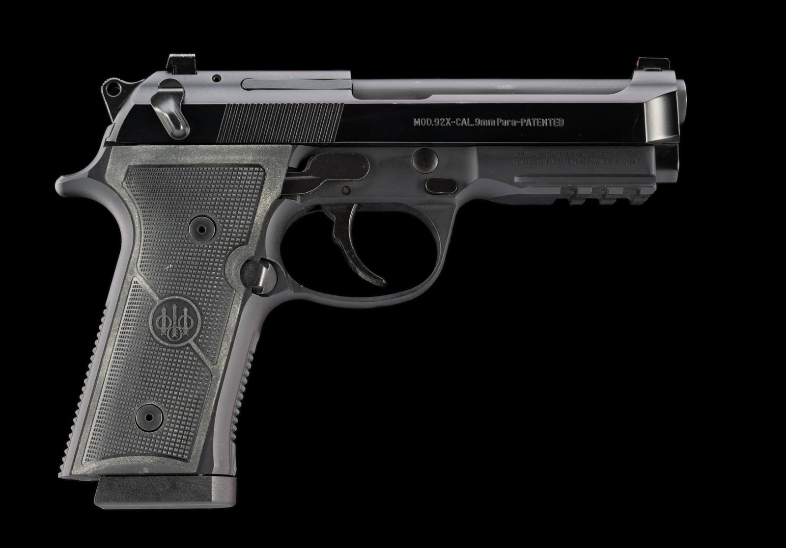 Beretta Model 92X Semi Auto Pistol, Caliber 9mm Luger: Serial Number: 0014655 Design: The Beretta Model 92X is a full size semi automatic pistol in 9mm Luger caliber. Ambidextrous safety. Dovetailed front sight. Double action. 4 1/4" barrel. Picatinny rai