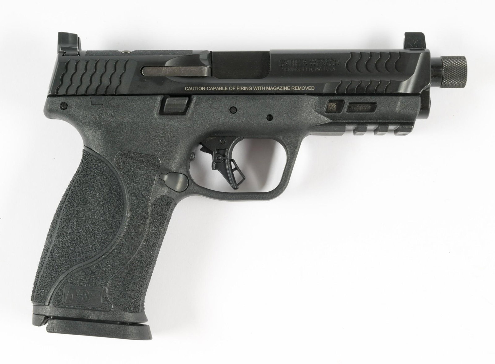 S&W M&P9 M2.0 Semi Auto Pistol, Caliber 9mm Luger: Serial Number: NLY7860 Design: The Smith & Wesson M&P 9 M2.0 (SKU: 13585) is a full size semi automatic pistol with a polymer frame with Picatinny rail on the bottom. Threaded 4 1/2" barrel. Optics re