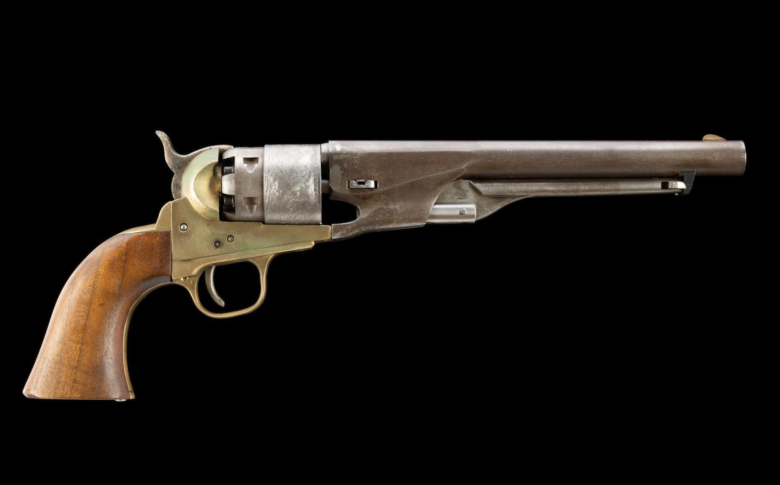 CVA Reproduction of Colt Army Percussion Revolver, Caliber .44: Serial Number: 27382 Design: This piece was made in Italy, circa 1970, and marketed in U.S.A. by Connecticut Valley Arms, Inc., so marked on barrel. It is a 'knock-off' of the Civil War era Colt Army 