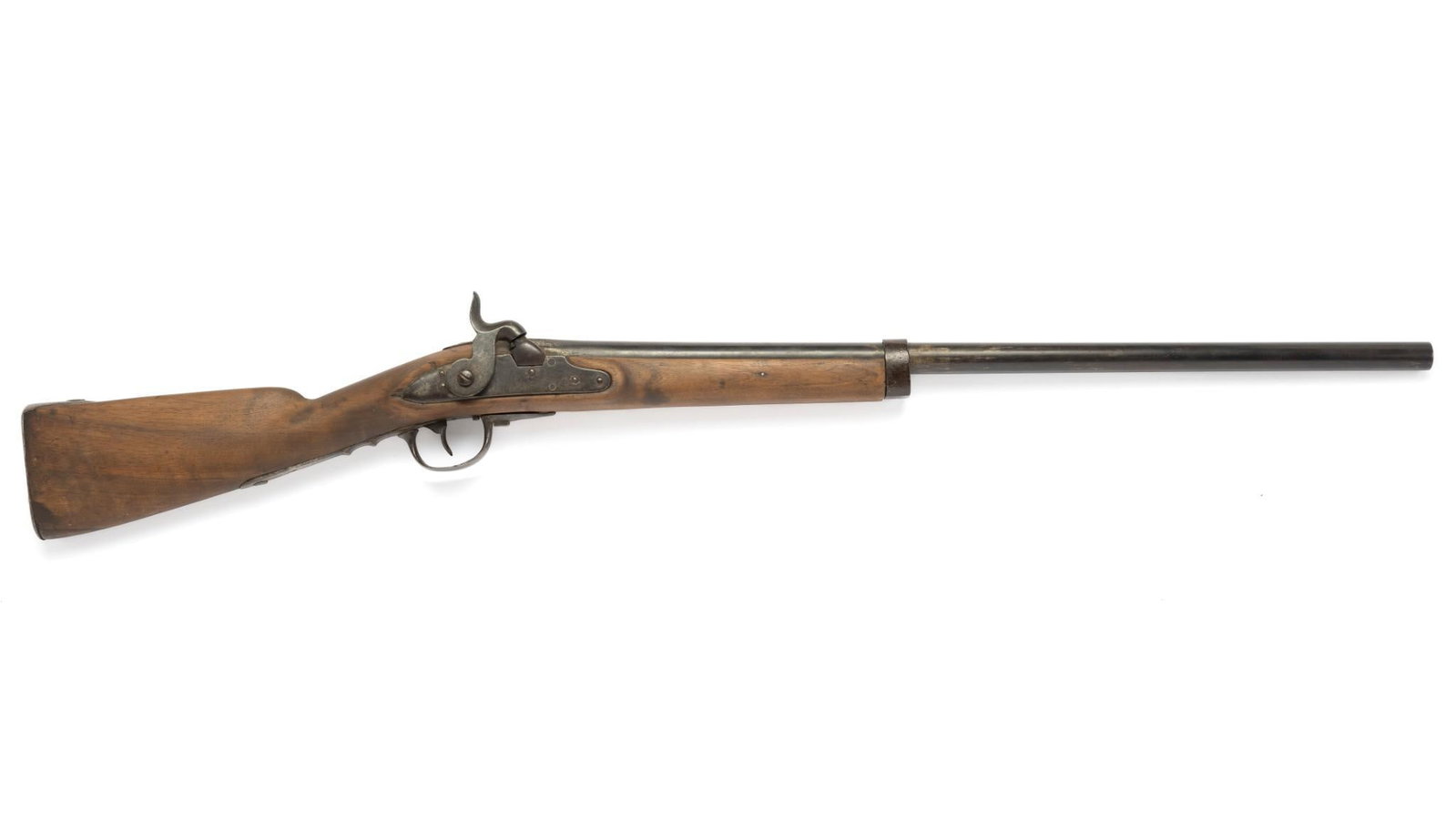 Nondescript Percussion Single Shot Shotgun, 12 Gauge: Serial Number: NSN Design: This antique percussion shotgun has no identifying marks other than "799" stamped into the stock near the rear of the lock bolt plate. Wood has been cut down from an earlier