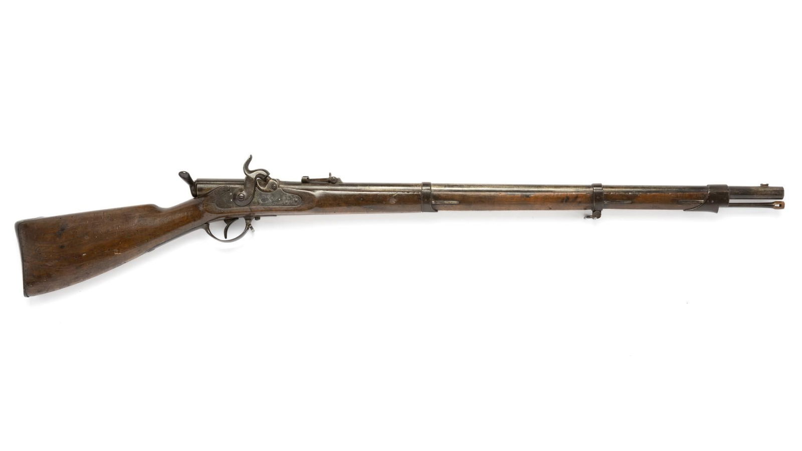 Rare Bavarian Podewils/Lindner Infanteriegewehr M1858/67 Rifle, Cal. 13.9mm: Serial Number: 8891 Design: Here is an oddball rarely seen in U.S.A. It is a Podewils/Lindner Infanteriegewehr M1858/67 military rifle marked "Amberg 1858" on the lock. This rifle equipped the Royal B