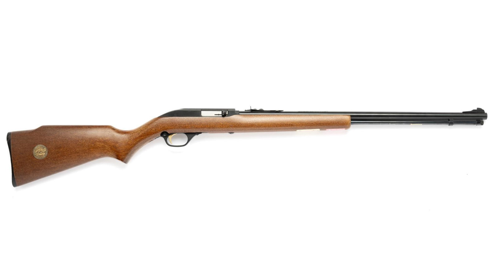 Marlin Model GA22 Semi Automatic Rifle, Caliber .22: Serial number: 14365470 Design: The Marlin GA22 is a tube-fed semi auto .22 caliber rifle with a 22" barrel and a hardwood stock. This example has an inlay in the butt that reads "Limited Edition/Grea