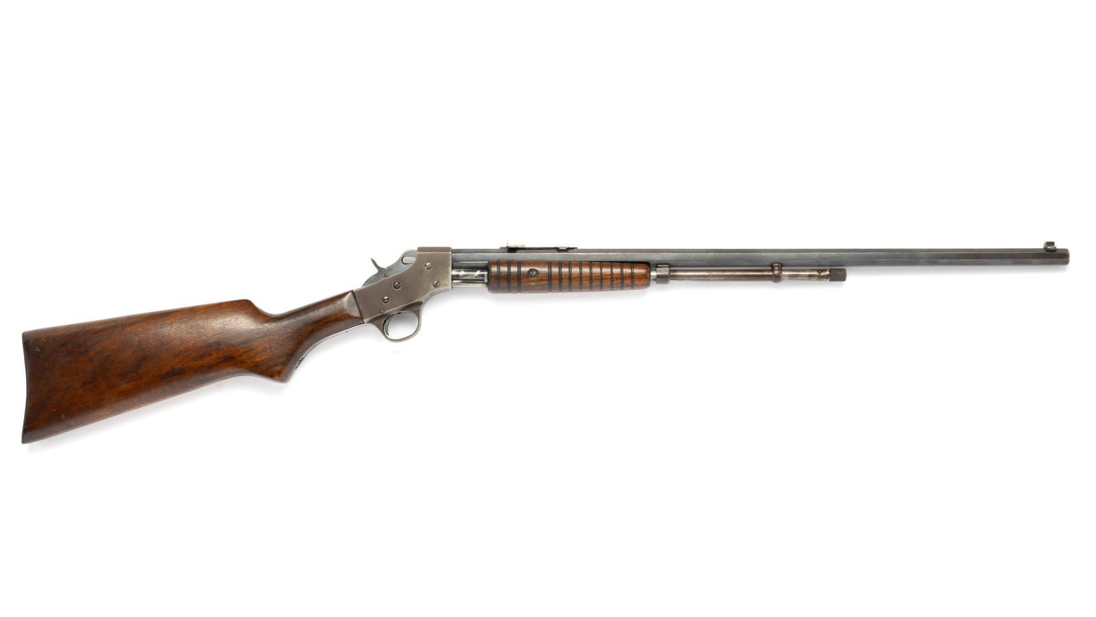 Stevens "Visible Loading" Pump Rifle, Caliber .22: Serial Number: 8290 Design: The Stevens "Visible Loading" Repeating Rifle was manufactured from 1907 to the early 1930's. Caliber .22 rimfire. 24" octagon barrel. Tube fed pump action. Leaf rear sight
