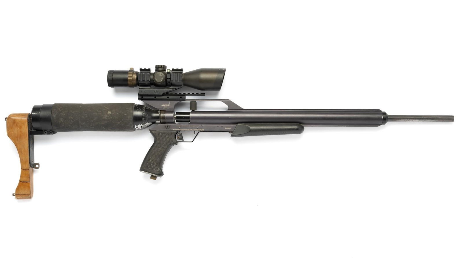 AirForce Pellet Gun w/ Scope, Caliber .22 Pellet.: Serial Number: BSO2887 Design: This AirForce compressed air pellet gun was manufactured by AirForce of Ft. Worth, TX. It has a 24" barrel and the company claims a fill pressure of 3000psi. User-adjust