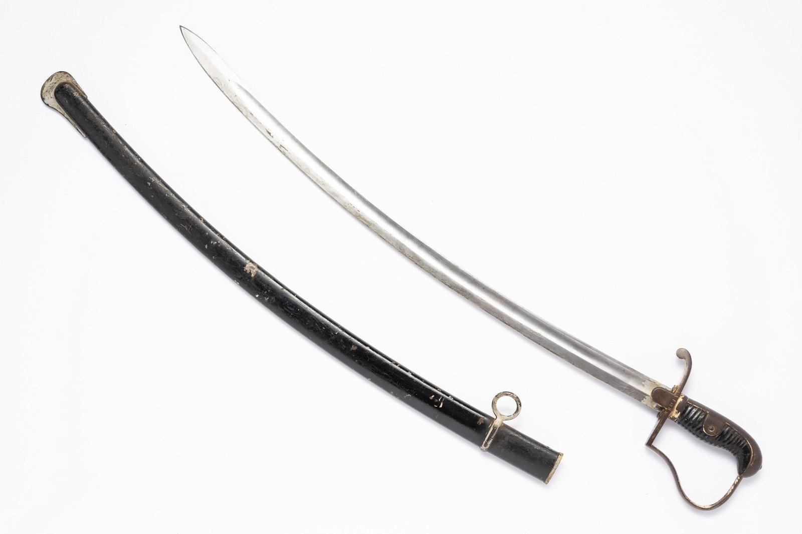 German Combat Artillery "Dove Head" Sword: Hilt marked "3 A. E. 10 H 10", With scabbard. Paint loss to scabbard and handle. Overall 36-1/2" long.