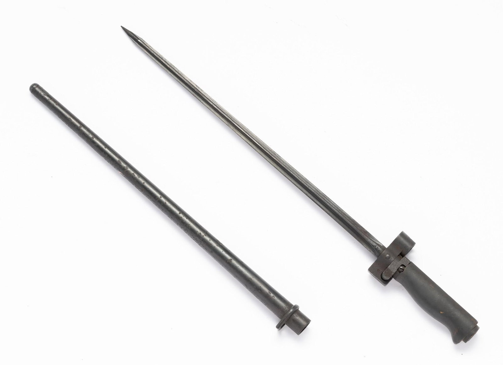 Trench Knife w/ Scabbard: Triangular blade with scabbard. Marked C&P. Overall 19-1/8" long.
