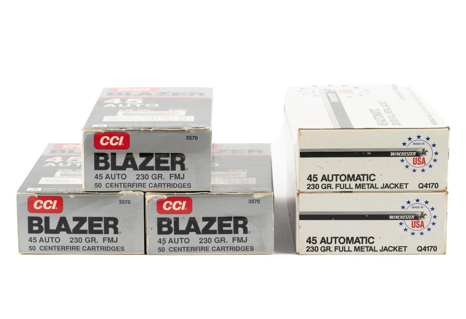 5 Boxes 45 Auto Ammunition: Includes (3) CCI 45 Auto FMJ 50 cartridges; and (2) Winchester 45 Auto FMJ 50 cartridges.