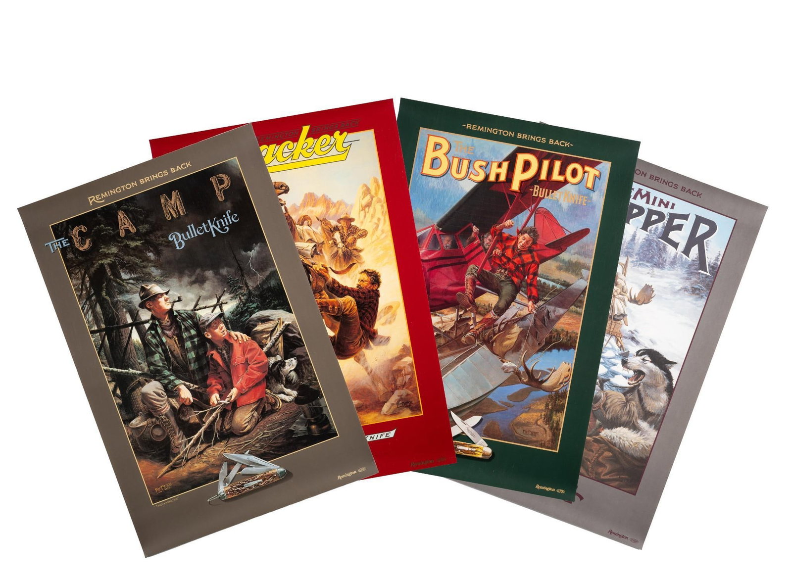 4 Remington Bullet Knife Posters: Includes 1993 Bush Pilot, 1994 Camp, 1991 Mini Trapper, and 1990 Tracker. All in great condition. All 20" wide x 29-3/4" long.