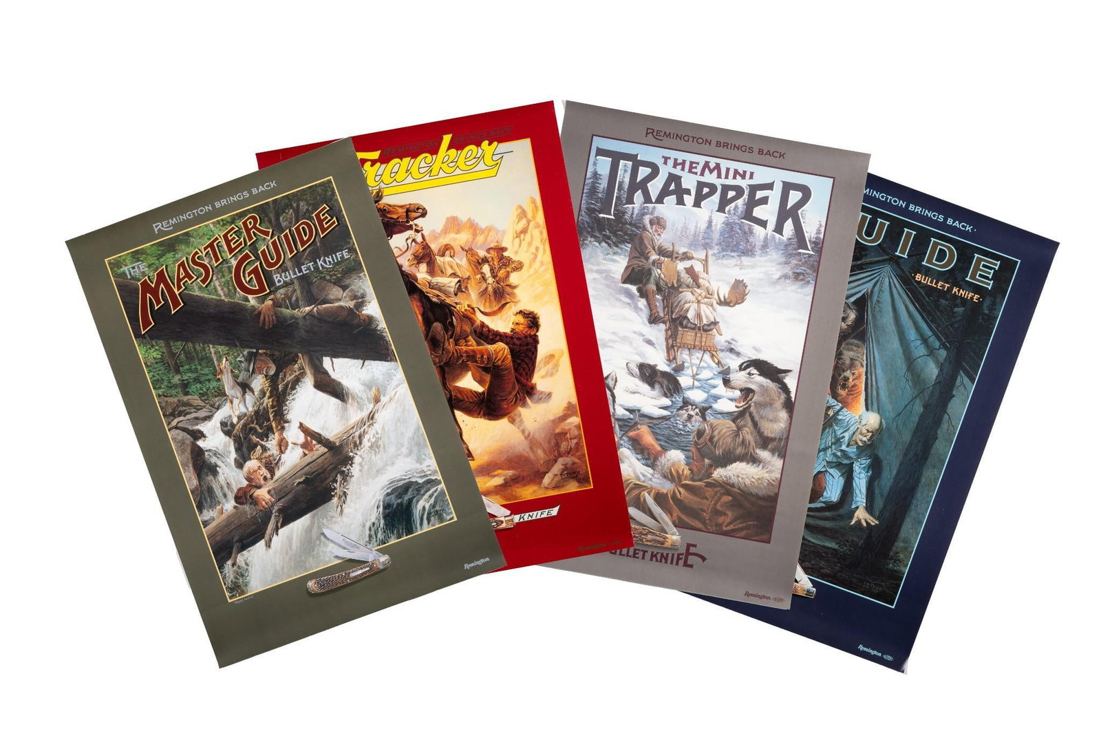 4 Remington Bullet Knife Posters: Includes 1995 Master Guide, 1992 Guide, 1991 Mini Trapper, and 1990 Tracker. All in great condition. All 20" wide x 29-3/4" long.