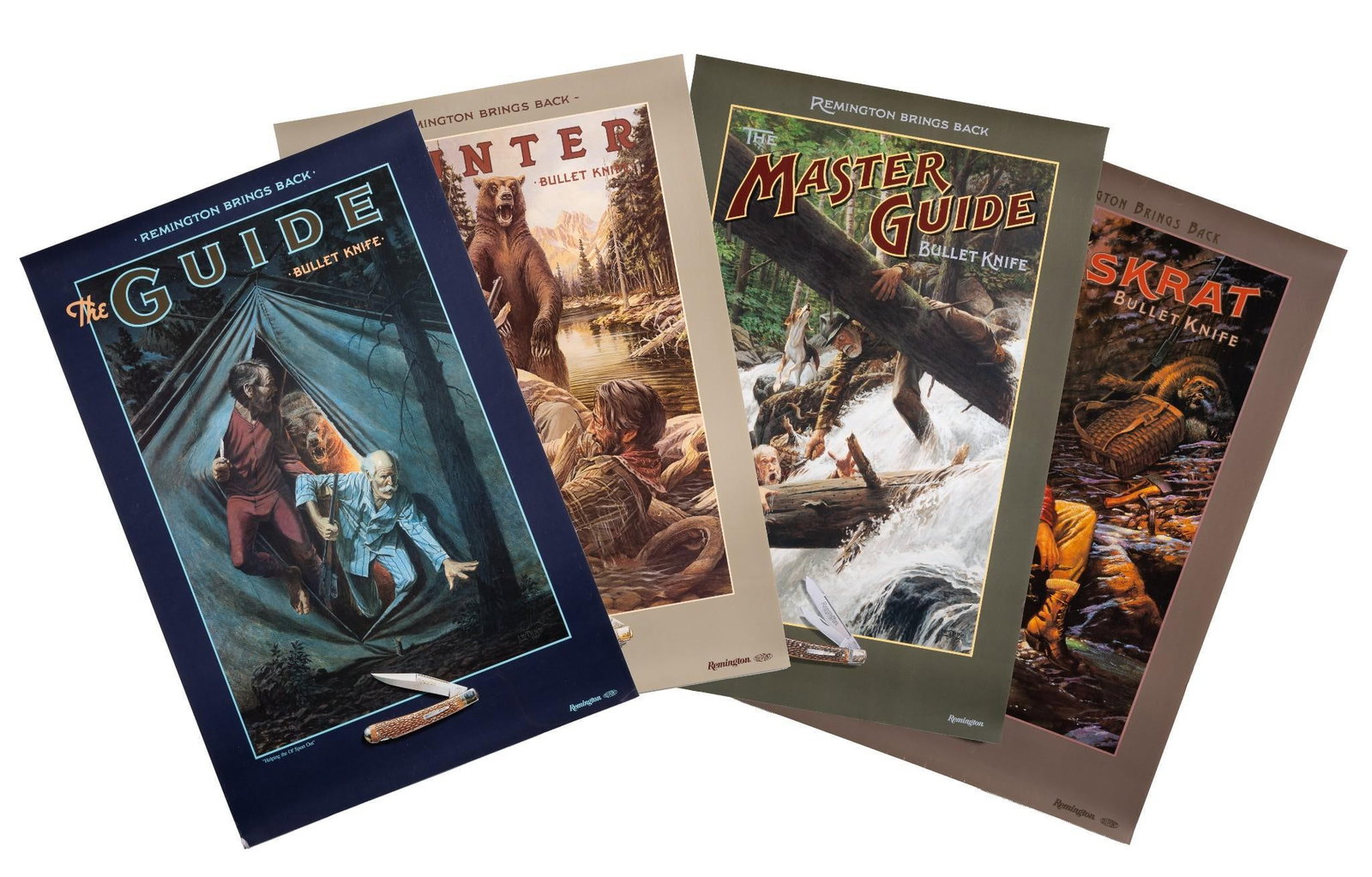 4 Remington Bullet Knife Posters: Includes 1992 Guide, 1988 Muskrat, 1995 Master Guide, and 1986 Hunter. All in great condition. All 20" wide x 29-3/4" long.